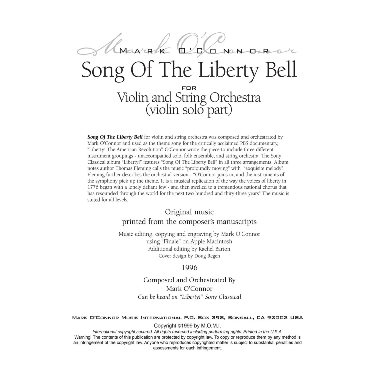 Mark O'Connor Song Of The Liberty Bell Noten Violine Orchester