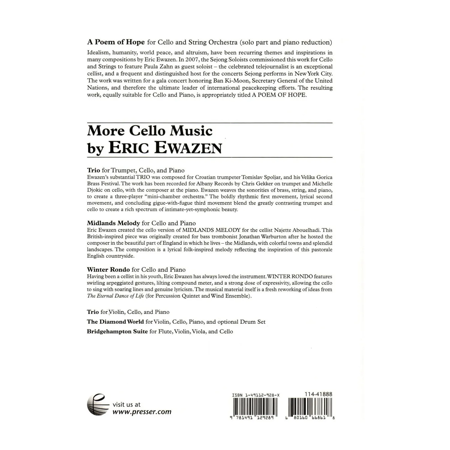 Ewazen A Poem of Hope Cellonoten für Cello und Klavier