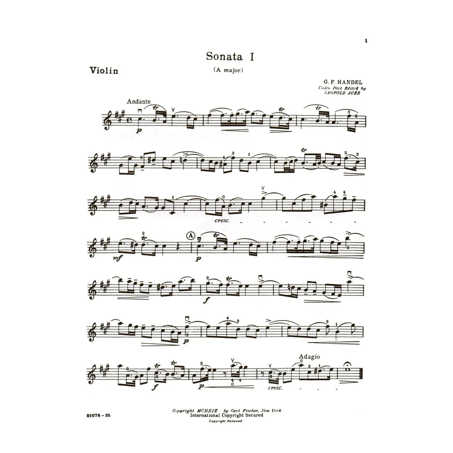 Carl Fischer Händel 6 Sonaten Noten Violine Klavier Auer