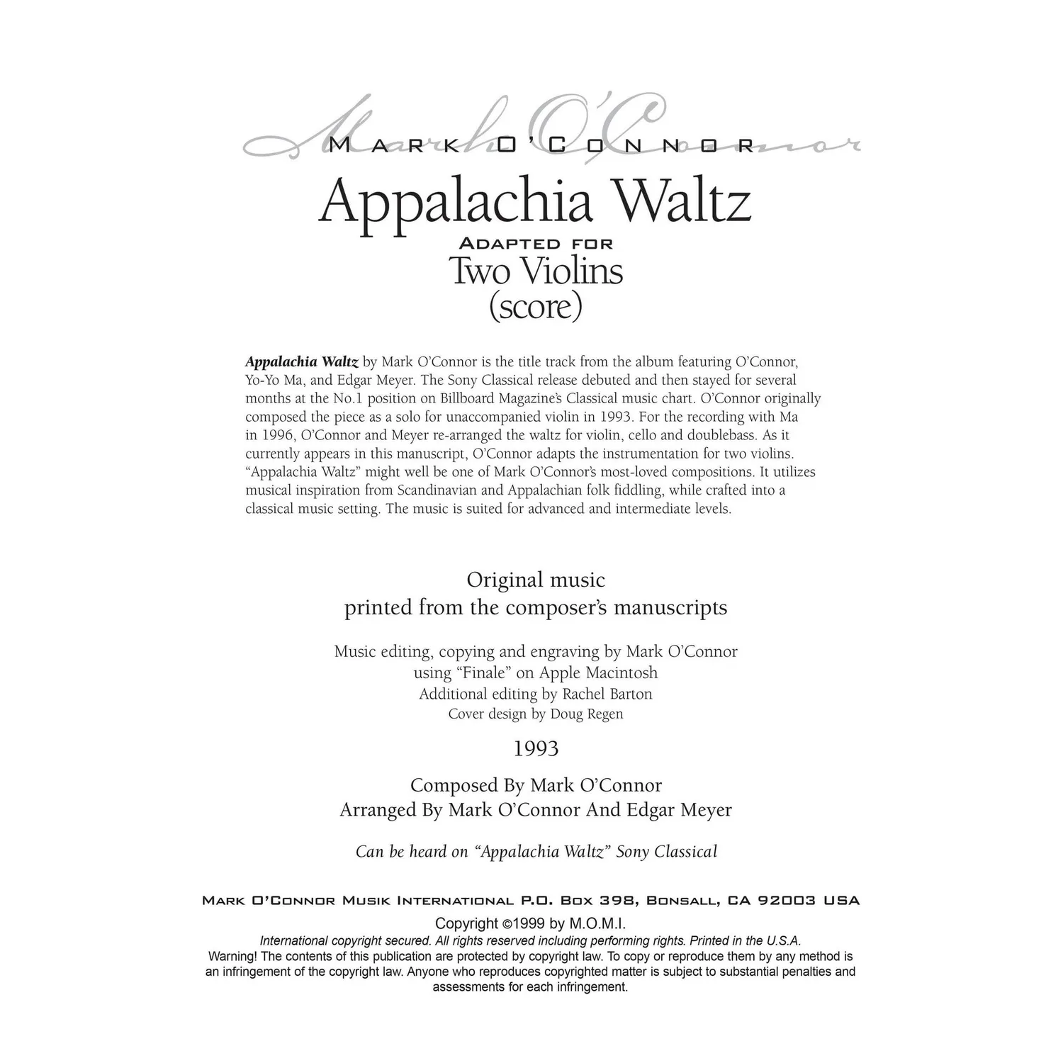 O’Connor Appalachia Waltz 2 Violinen Partitur Download