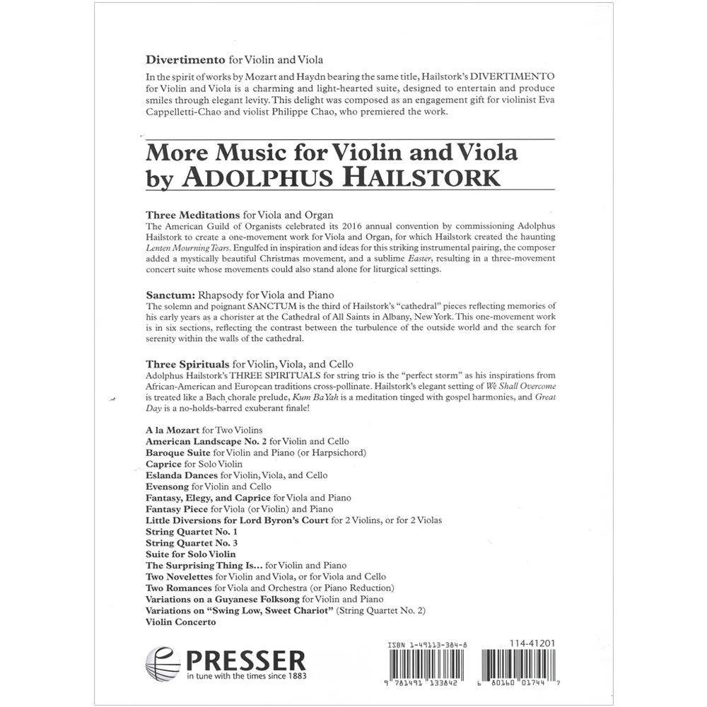 Presser Hailstork Divertimento Violin Viola Noten