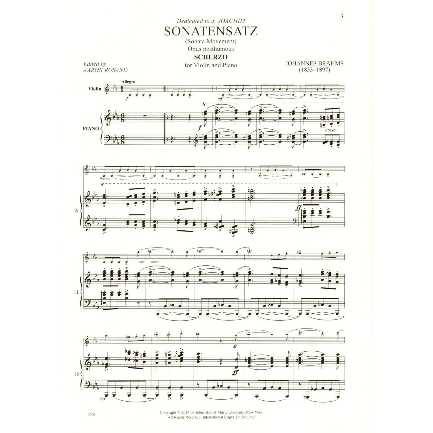 International Brahms Sonatensatz c-moll Violinnoten Klavier