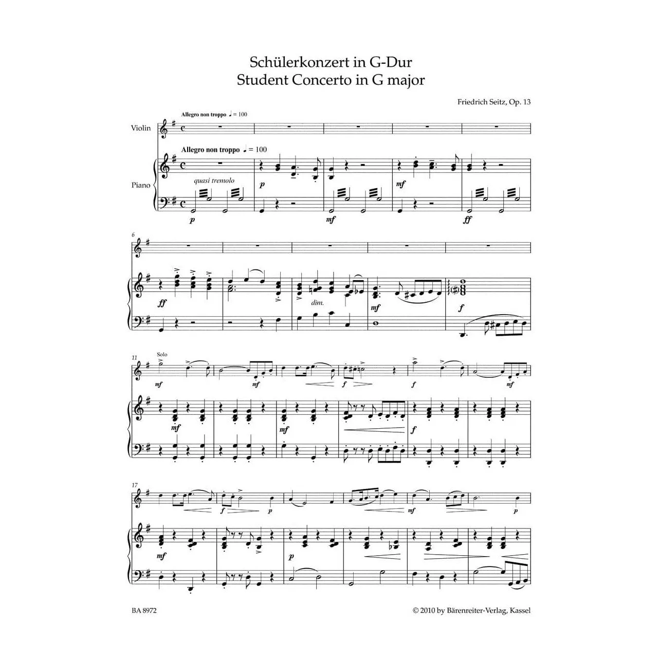 Shar Music Seitz Schülerkonzert Nr.2 G-Dur Op.13 Noten Violine Klavier