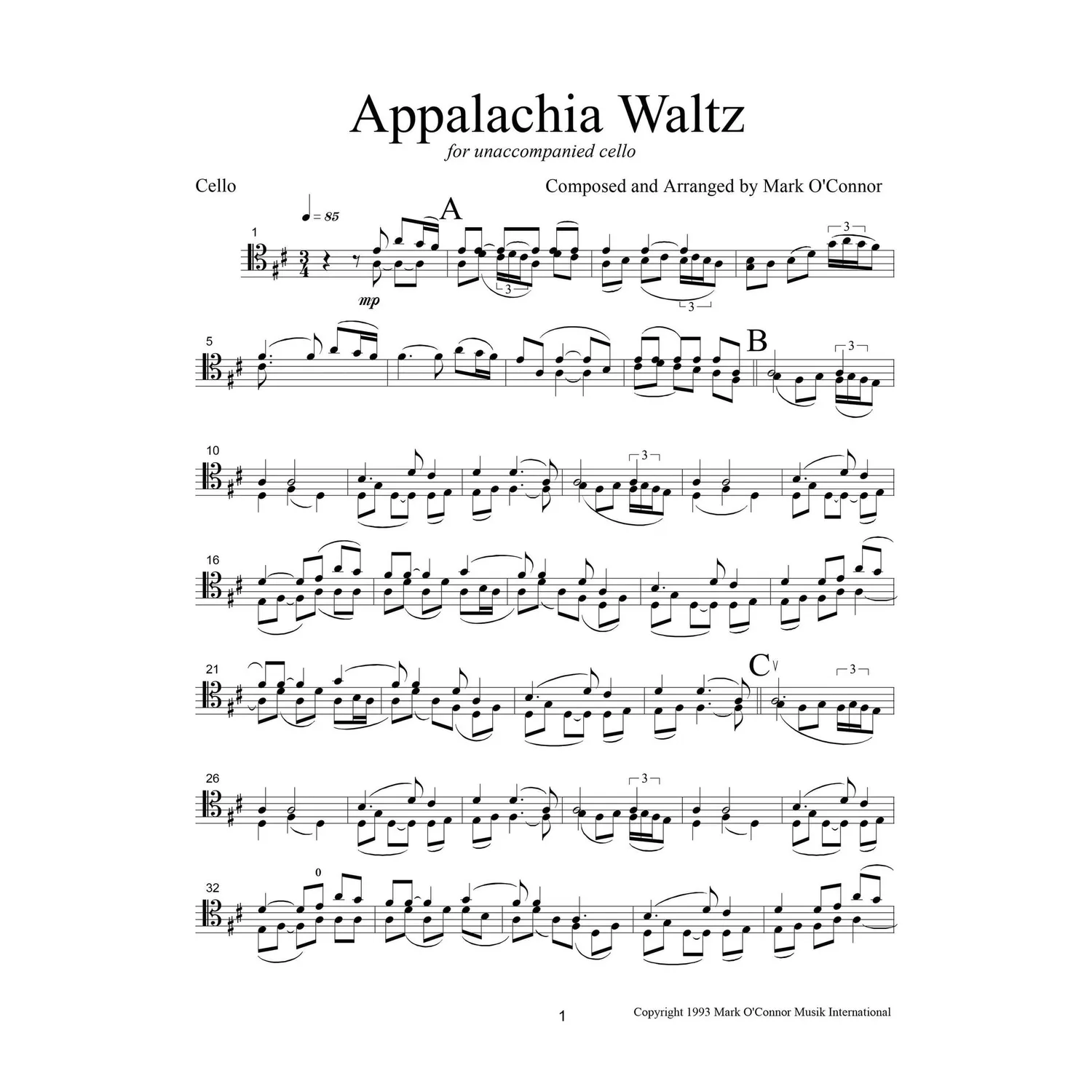 O'Connor Appalachia Waltz Noten Cello Solo Download