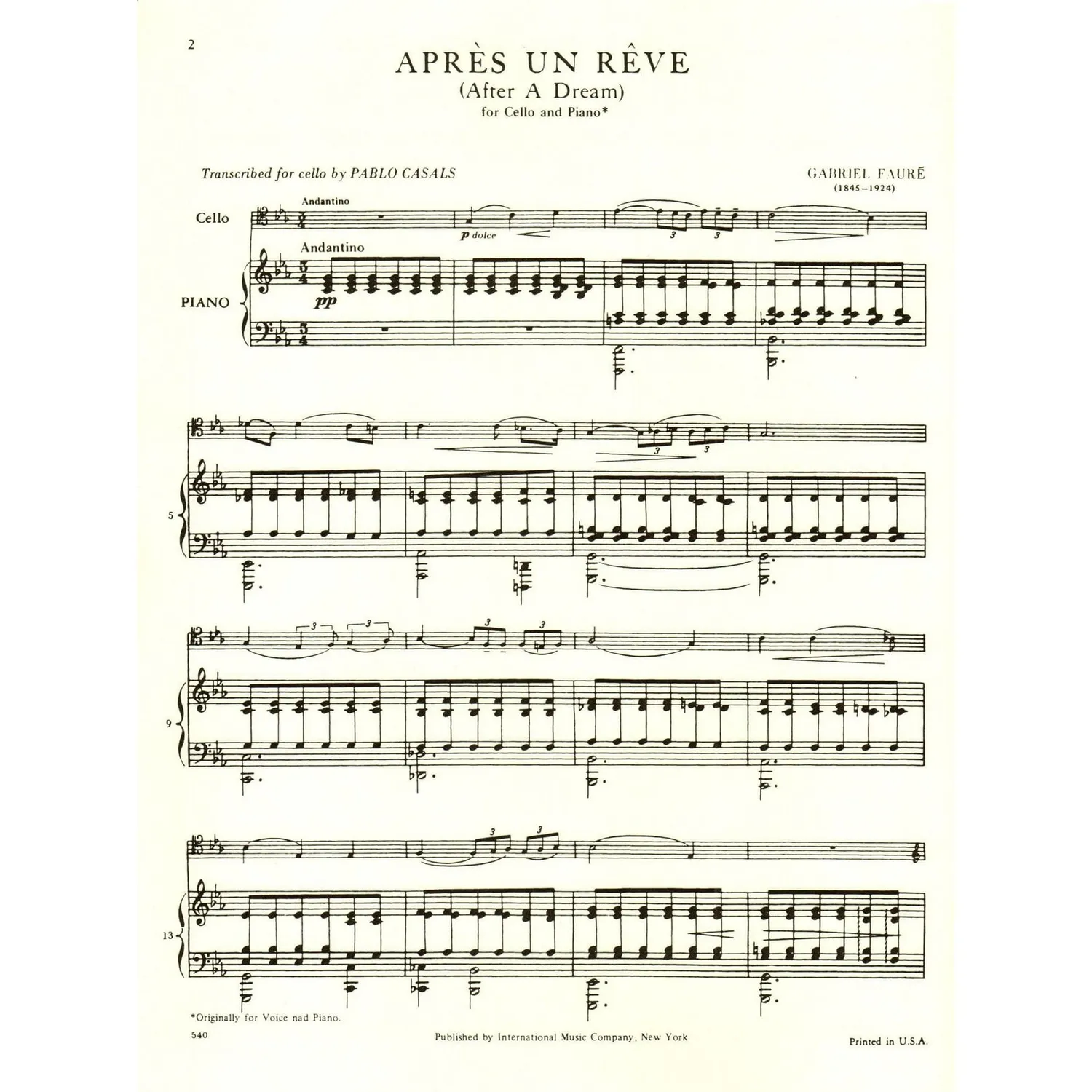 Shar Music Fauré Après un Rêve op. 7 Nr. 1 Cello Noten