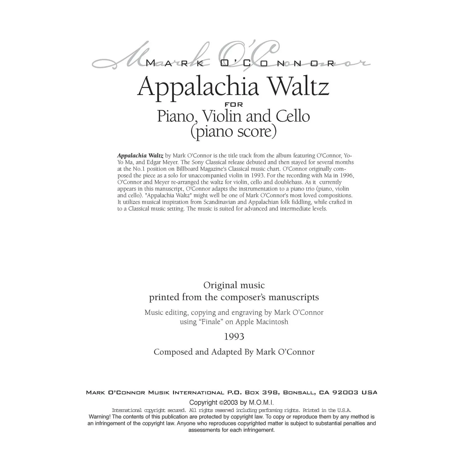 Shar Music O'Connor Appalachia Waltz Noten Klavier Download