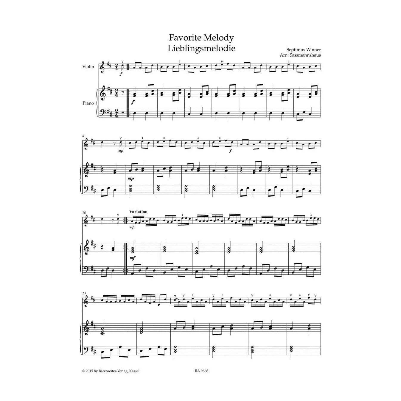 Bärenreiter Sassmannshaus Violin Recital Album 1 Noten erste Lage