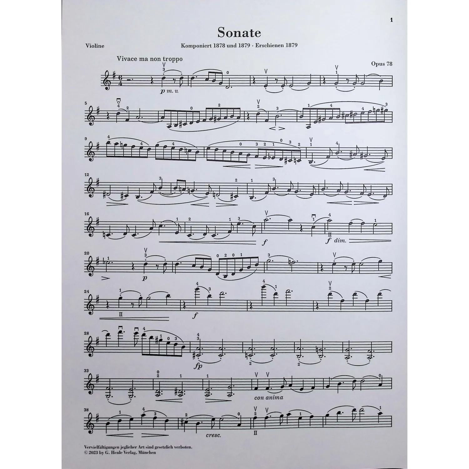 Shar Brahms Sonate G-Dur op. 78 Noten Violine Klavier