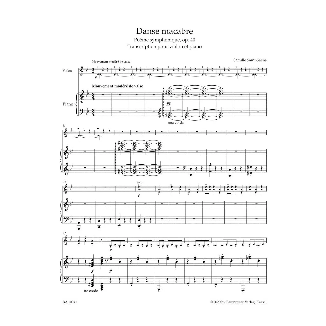 Bärenreiter Saint-Saëns Danse macabre Op.40 Noten Violine Klavier