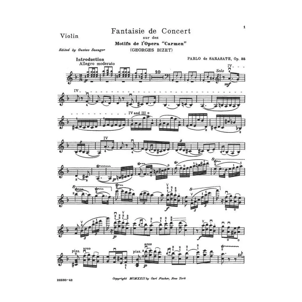 Fischer Sarasate Carmen-Fantasie Op 25 Noten Violine Klavier