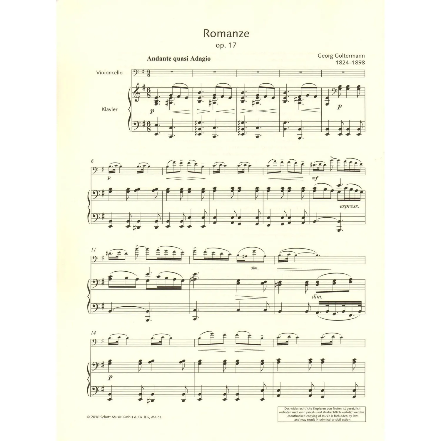 Schott Goltermann Romanze Op. 17 Cello Klavier Noten
