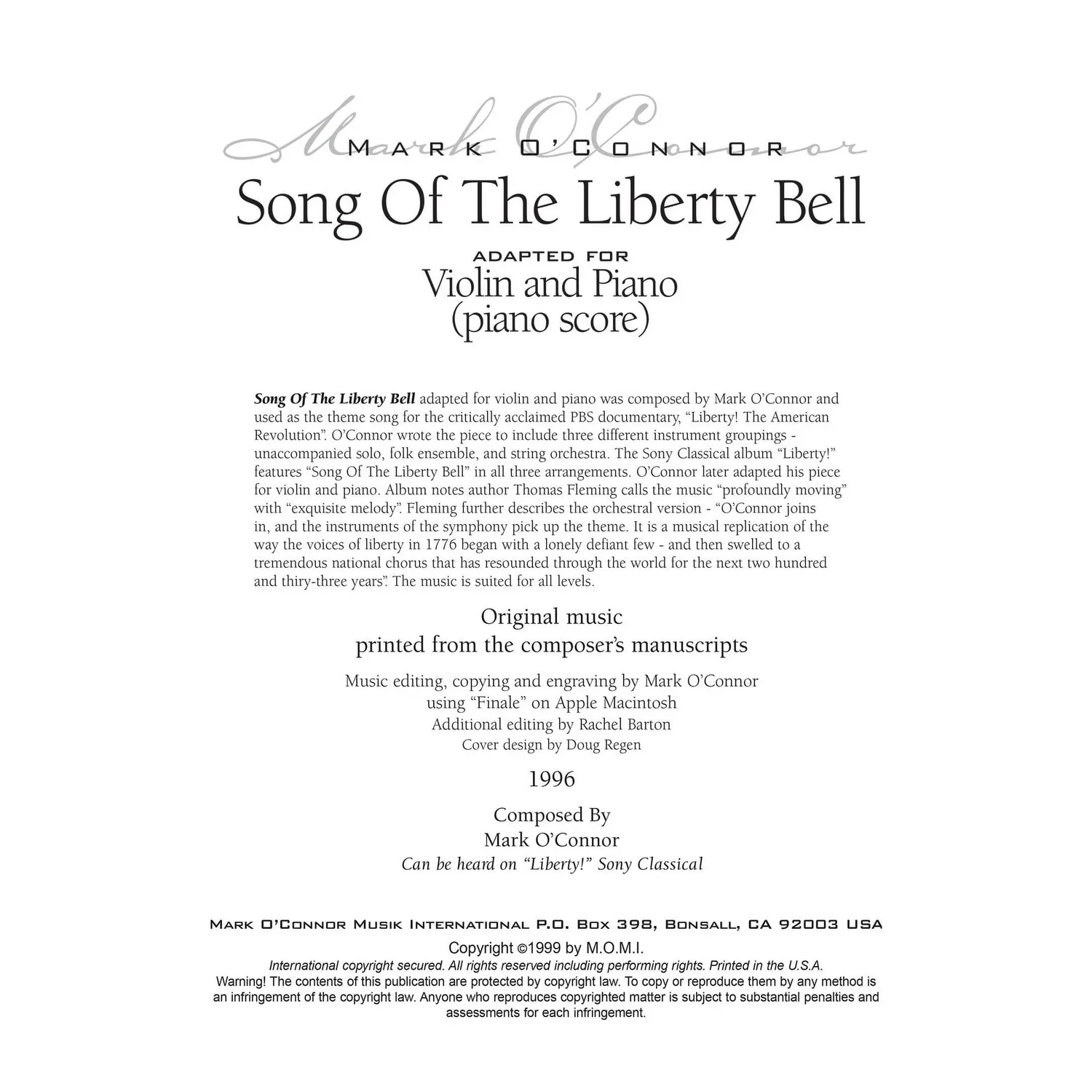 Shar Music O'Connor Song of the Liberty Bell Noten Violine Download