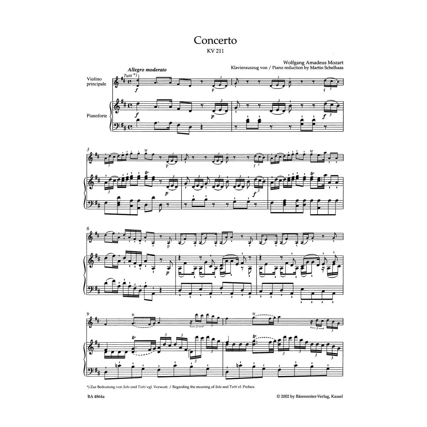 Bärenreiter Mozart Konzert Nr.2 D-Dur KV211 Noten Violine Urtext