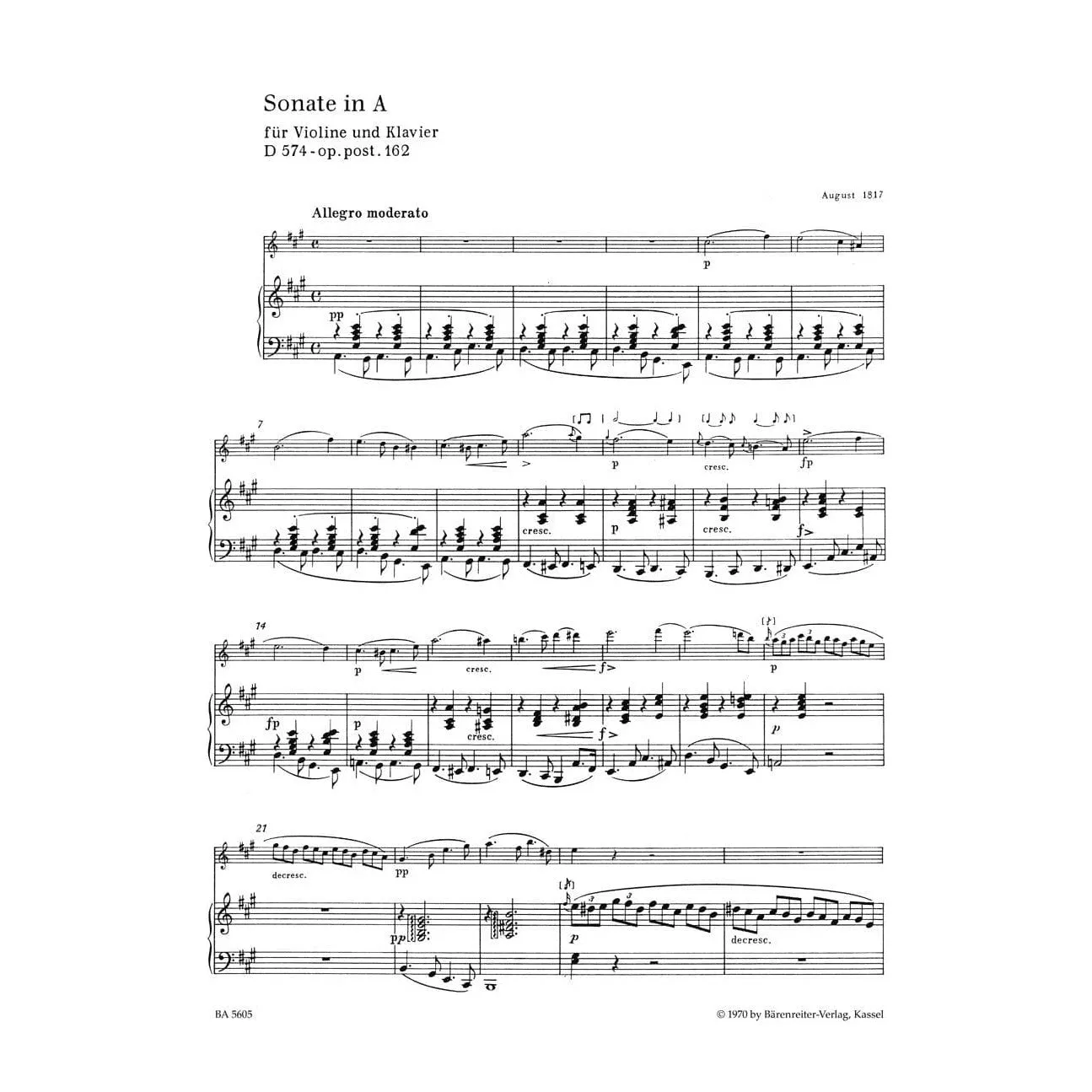 Bärenreiter Schubert Sonate A-Dur D 574 Noten Violine