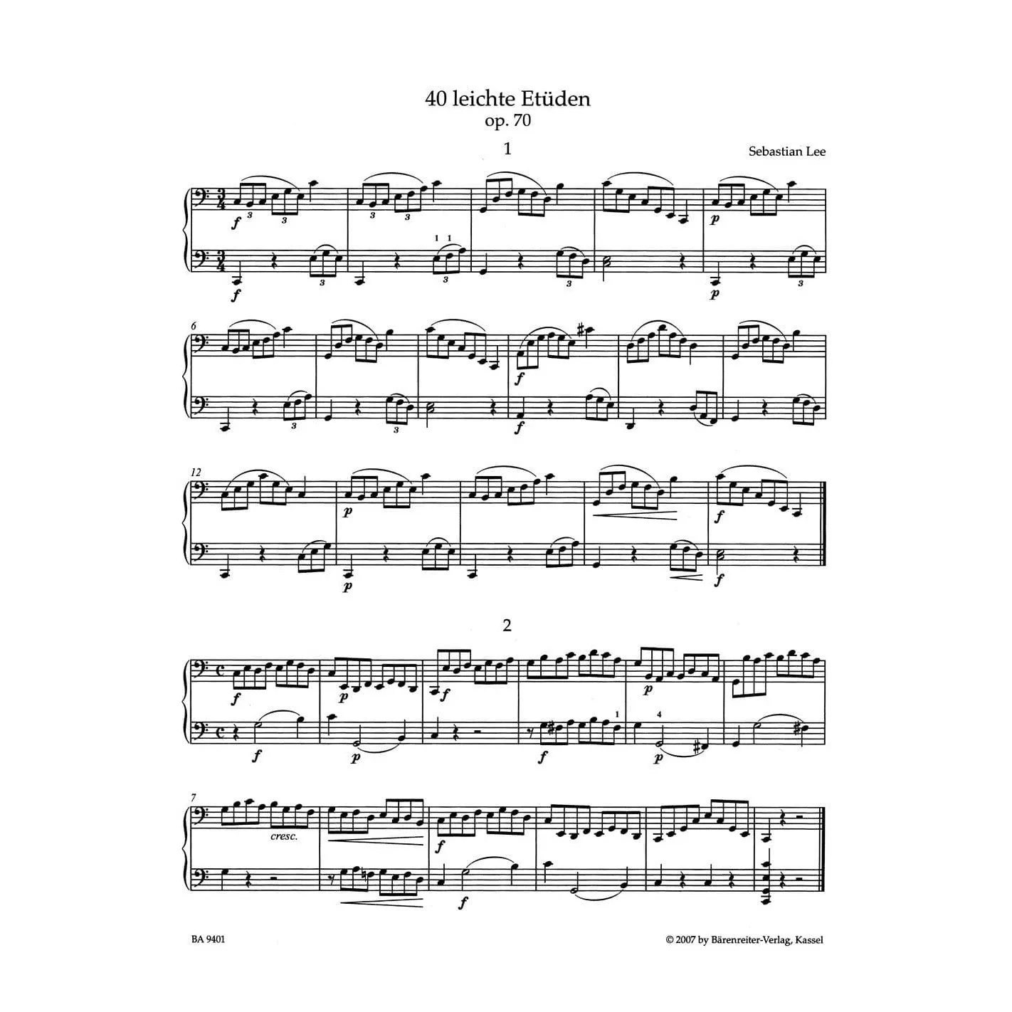 Bärenreiter Lee 40 leichte Etüden Op.70 Noten Cello Urtext
