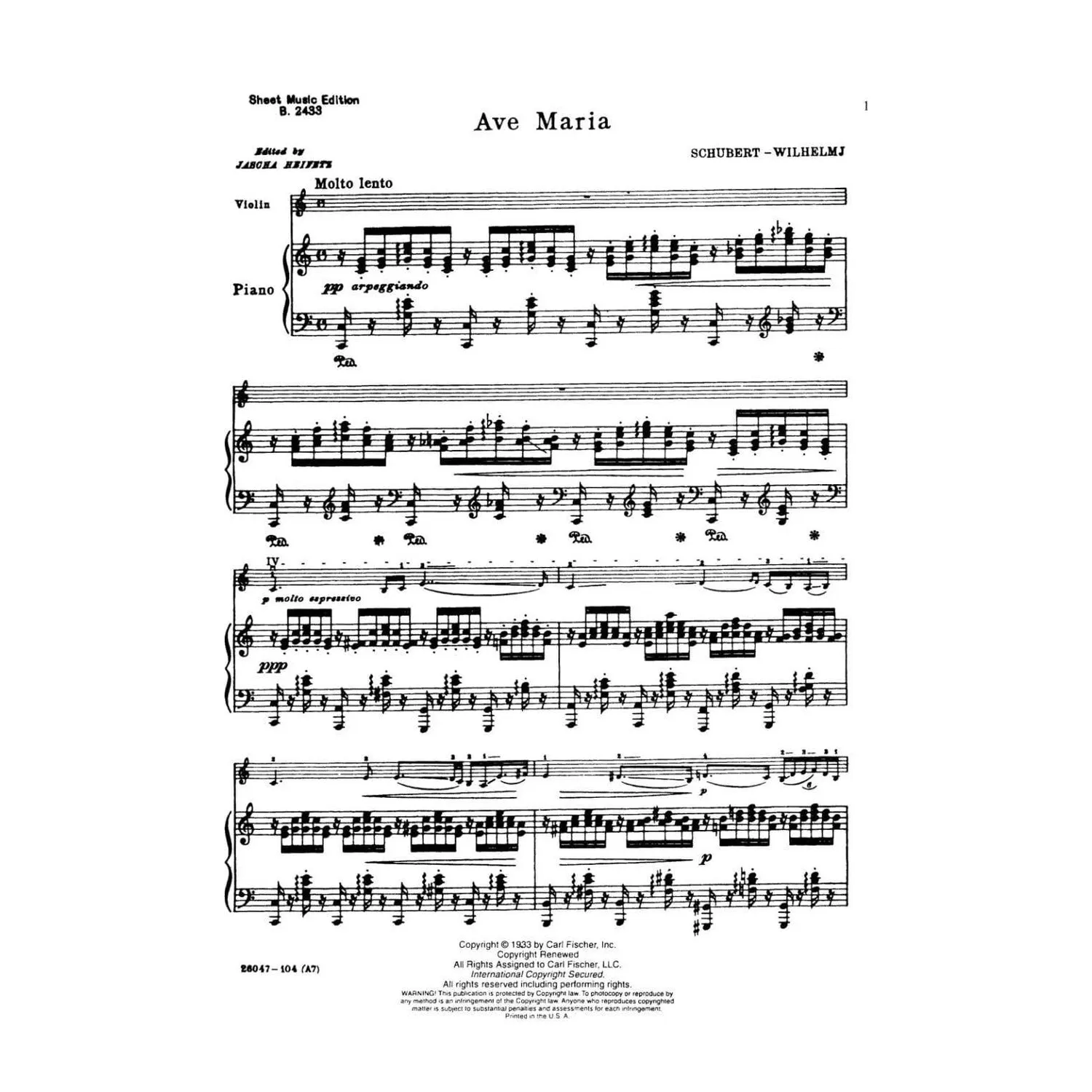 Shar Music Schubert Ave Maria D 839 Violinennoten Klavier Heifetz