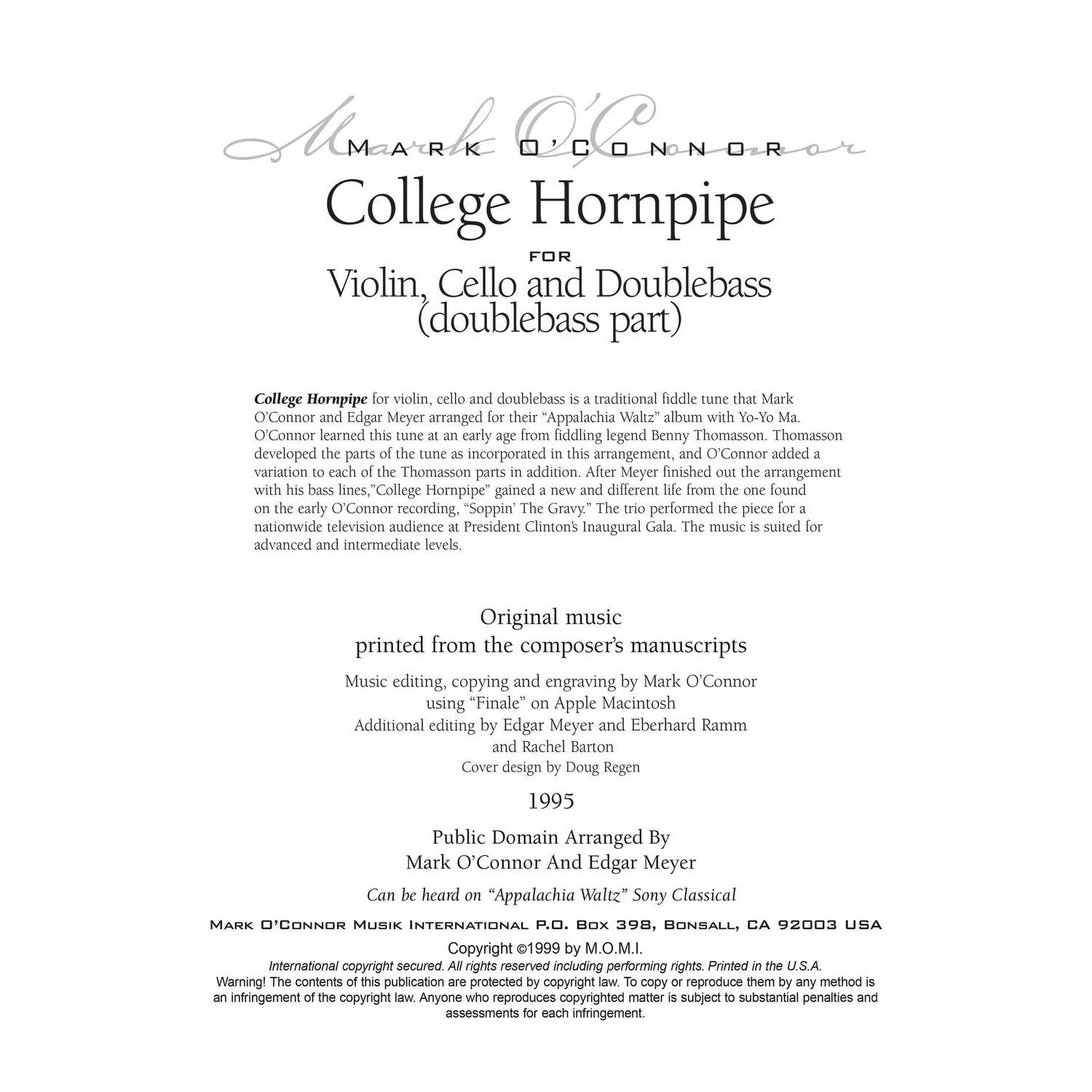 Mark O'Connor College Hornpipe Noten Bass Download Trio