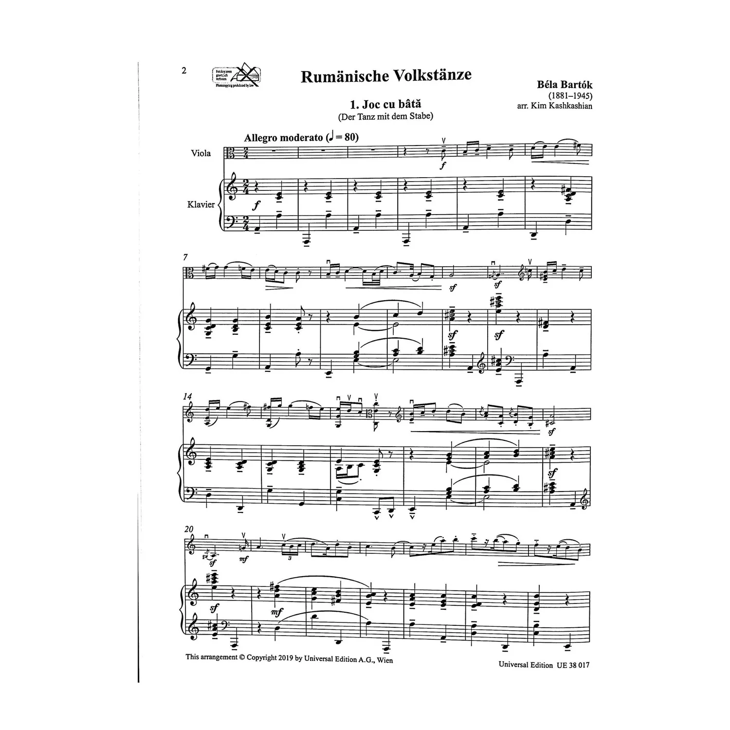 Bartók Rumänische Volkstänze Noten Viola Klavier Kashkashian