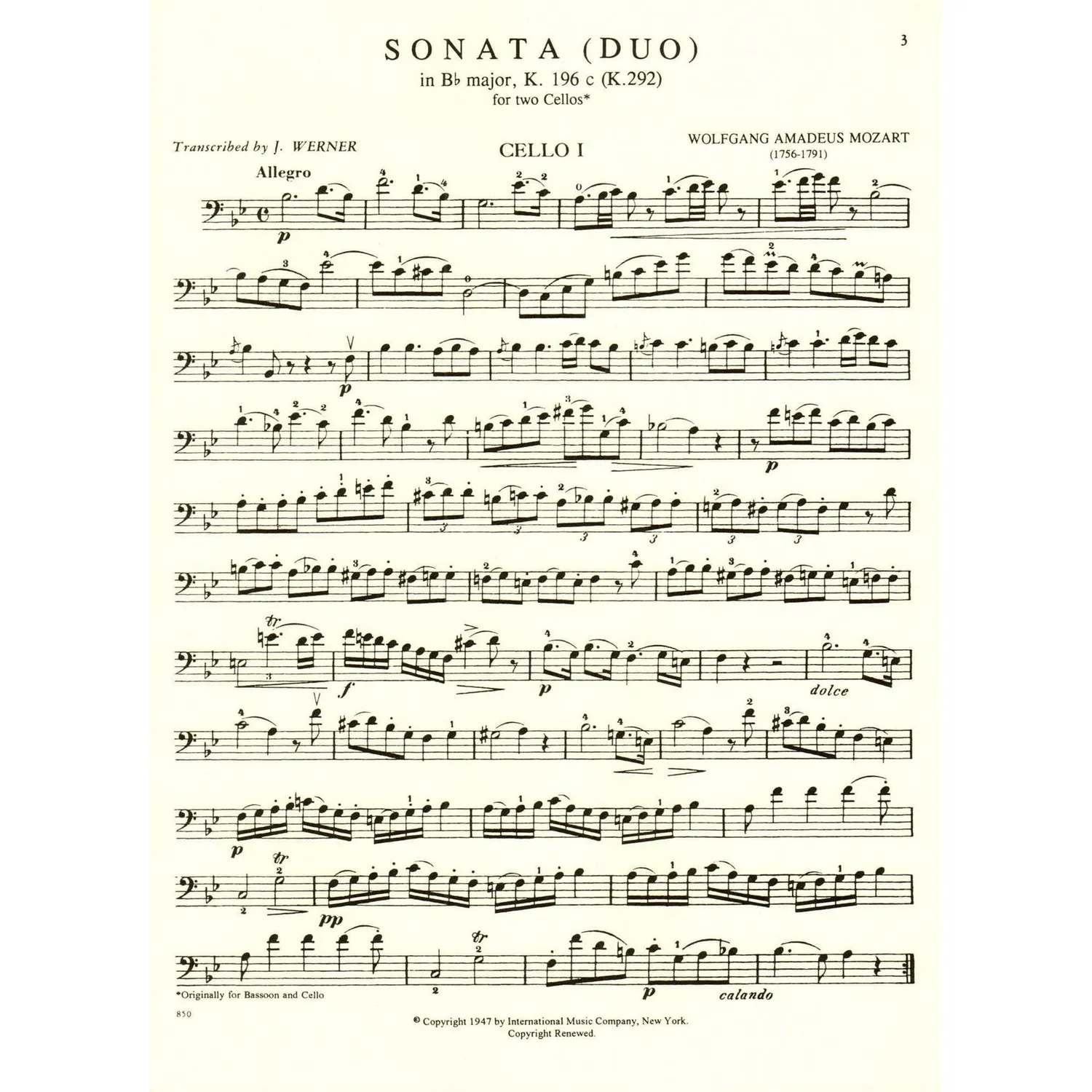 International Mozart Sonate B-Dur K 292 Noten 2 Celli