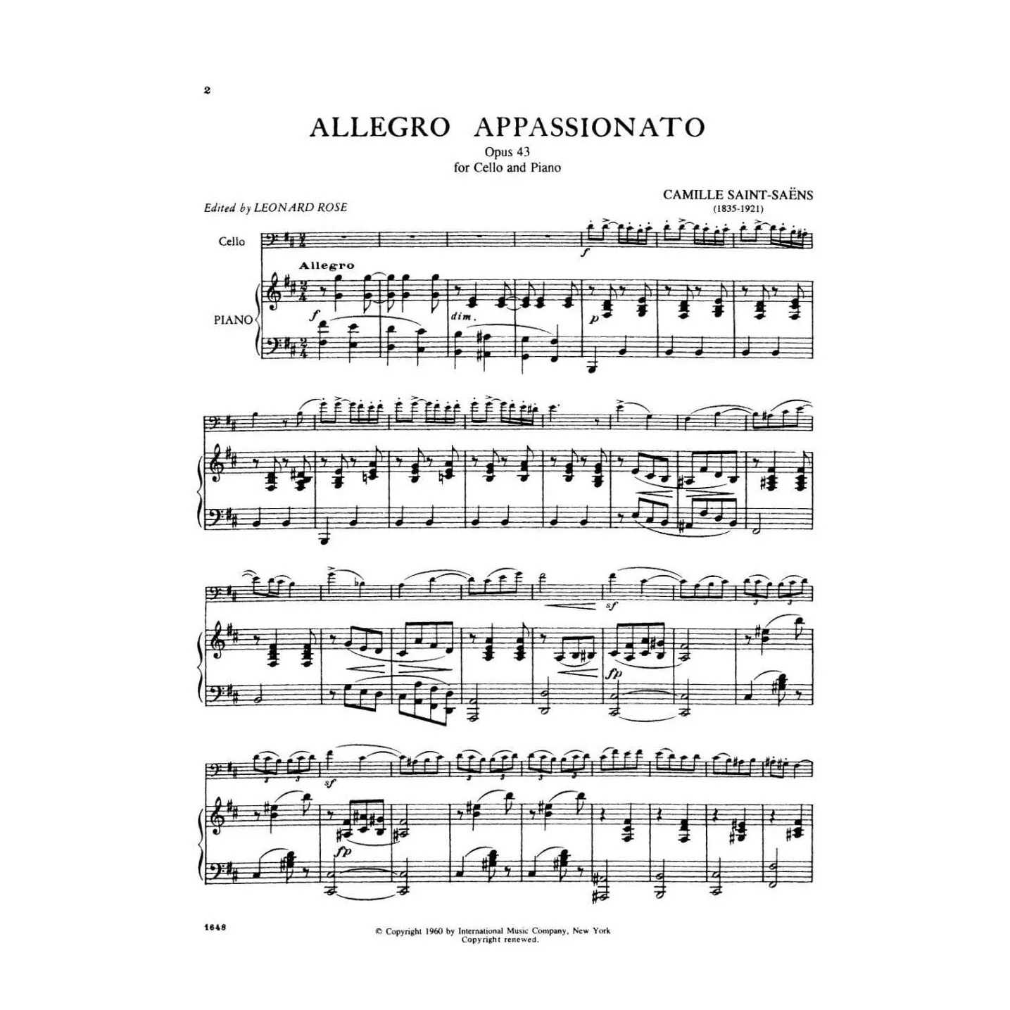 Saint-Saens Allegro Appassionato Op 43 Cello Noten