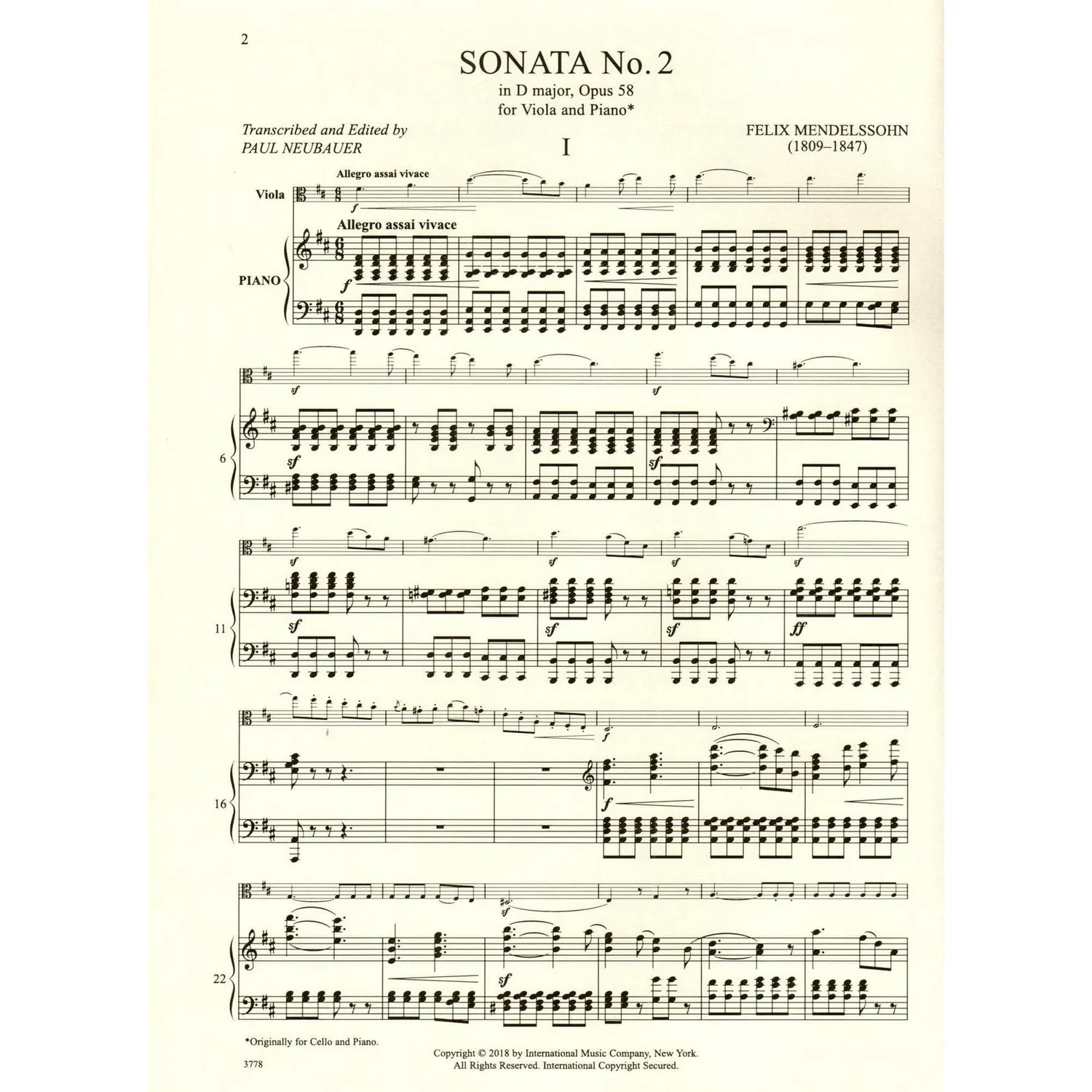 International Mendelssohn Sonate 2 D-dur Noten Viola Klavier