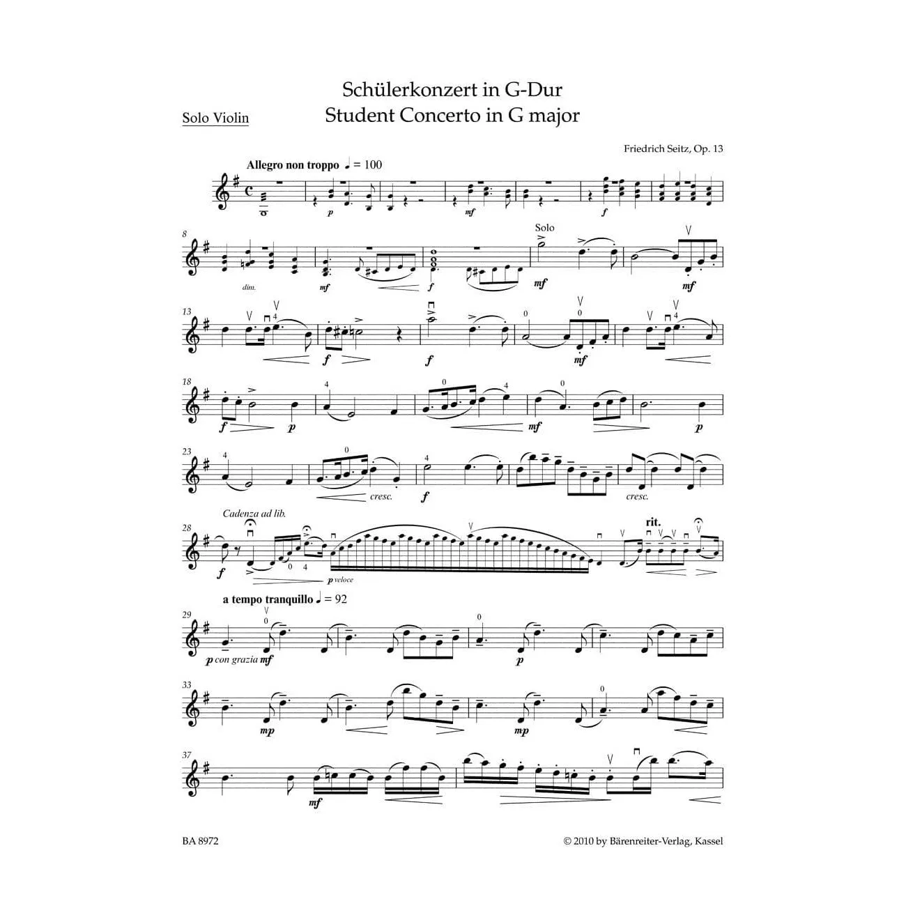 Shar Music Seitz Schülerkonzert Nr.2 G-Dur Op.13 Noten Violine Klavier