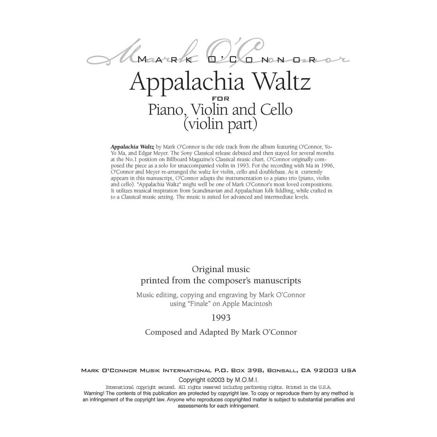 O'Connor Appalachia Waltz Noten Violine digital Trio
