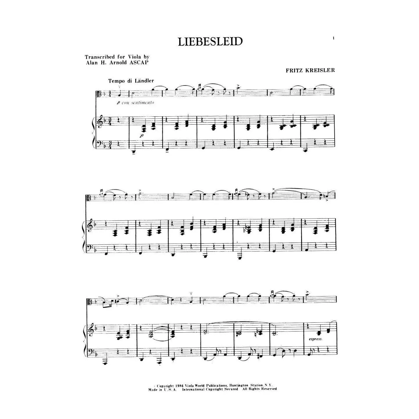 Viola World Liebesleid Noten Bratsche Klavier