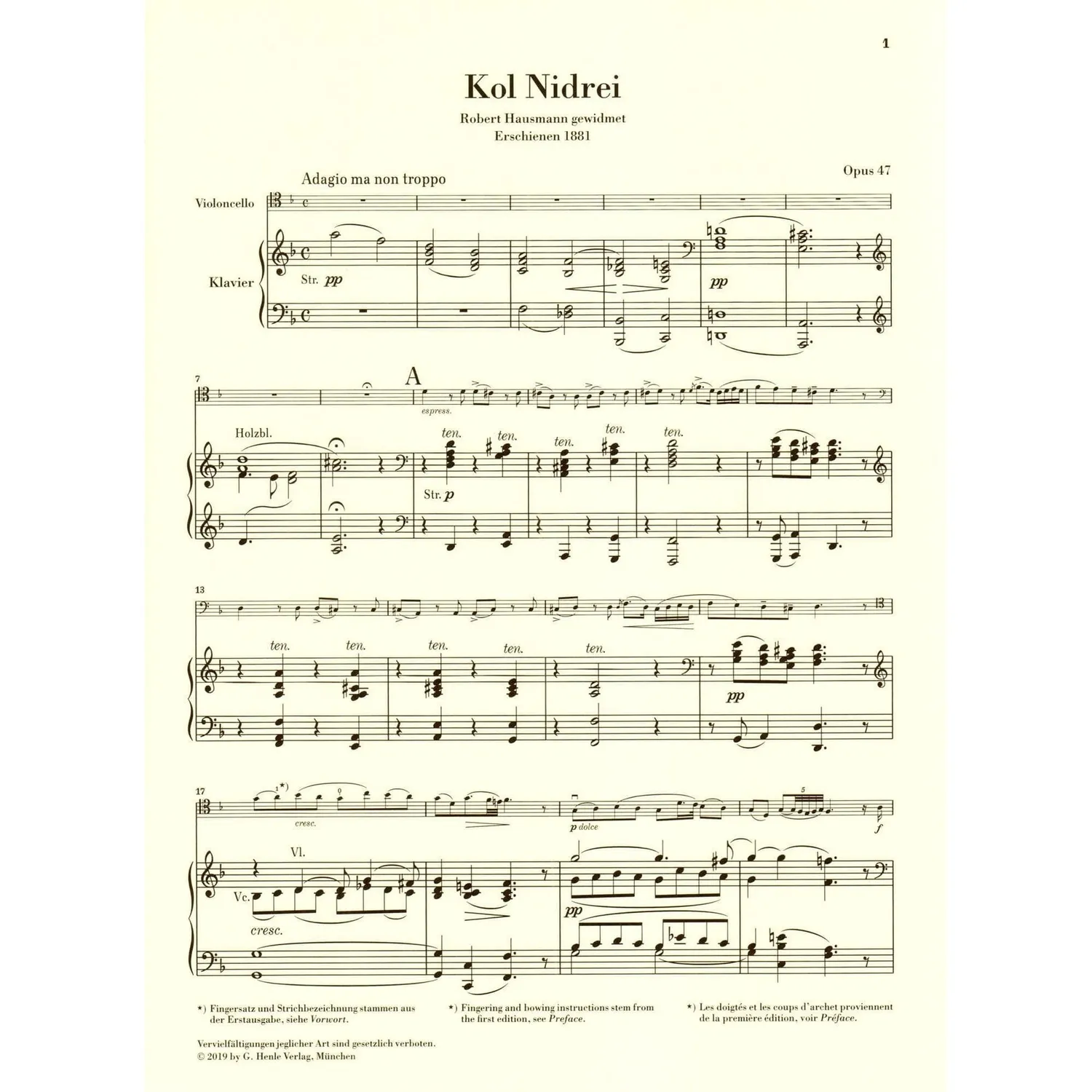 Shar Music Bruch Kol Nidrei op.47 Noten Cello Klavier Urtext