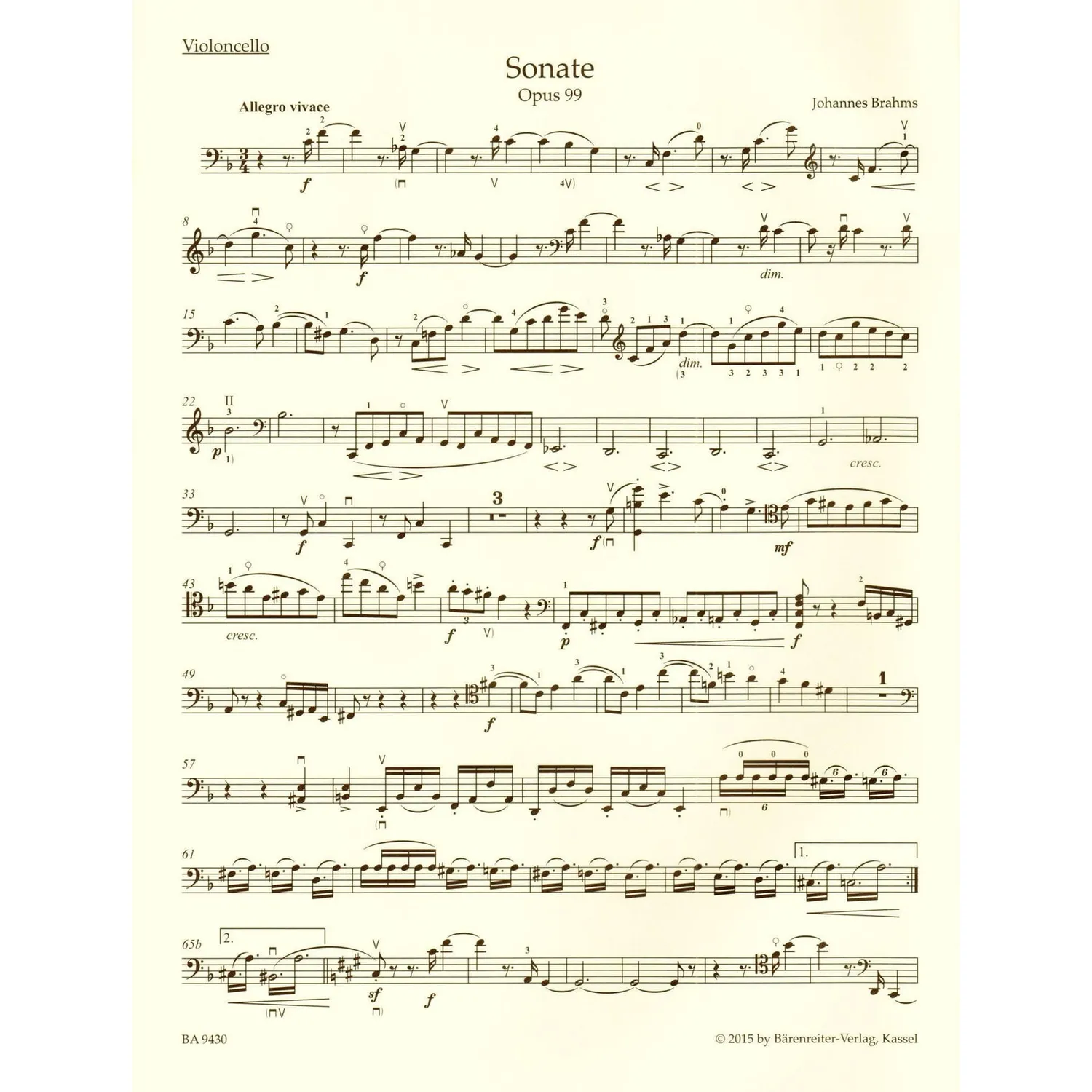 Brahms Cellosonate F-Dur op 99 Noten Bärenreiter Urtext