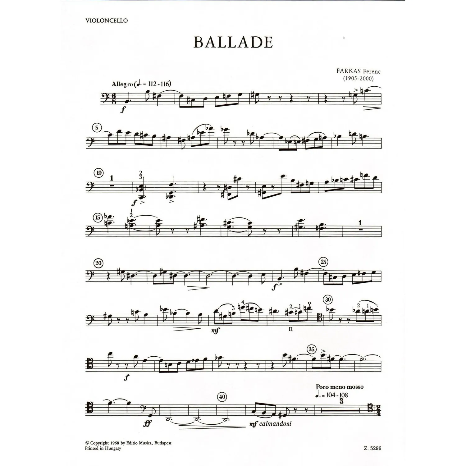 Ferenc Farkas Ballade Cello Klavier Noten Budapest