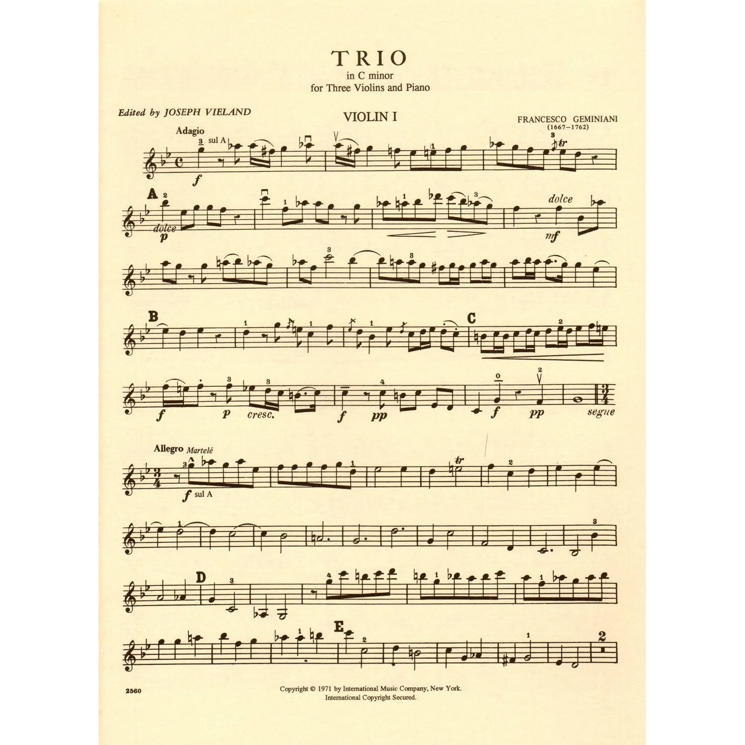 Geminiani Trio c-moll Noten 3 Violinen Klavier International