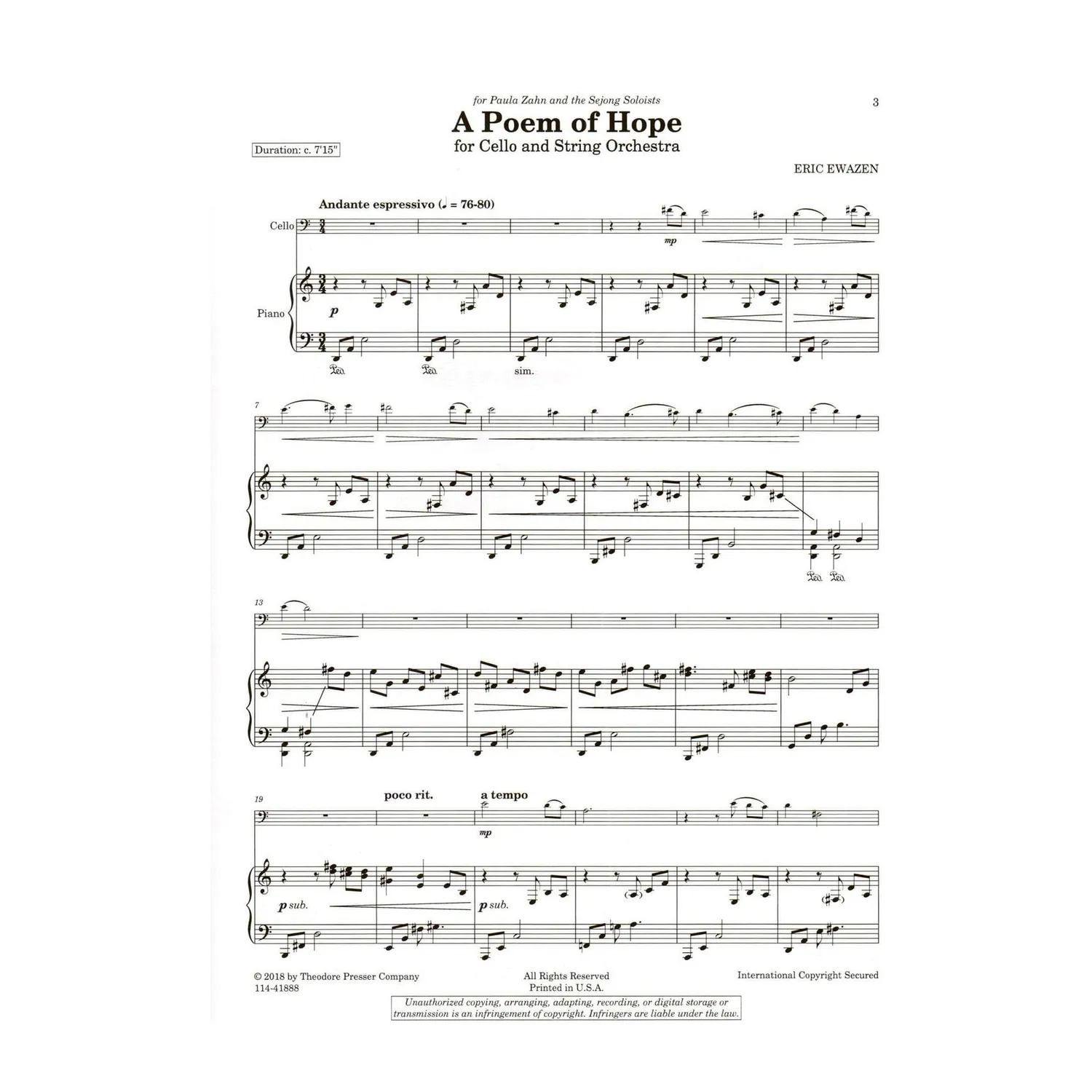 Ewazen A Poem of Hope Cellonoten für Cello und Klavier