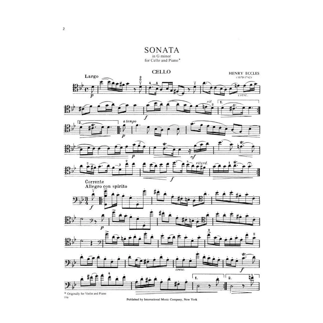 Eccles Sonate g-Moll Noten für Cello und Klavier Moffat