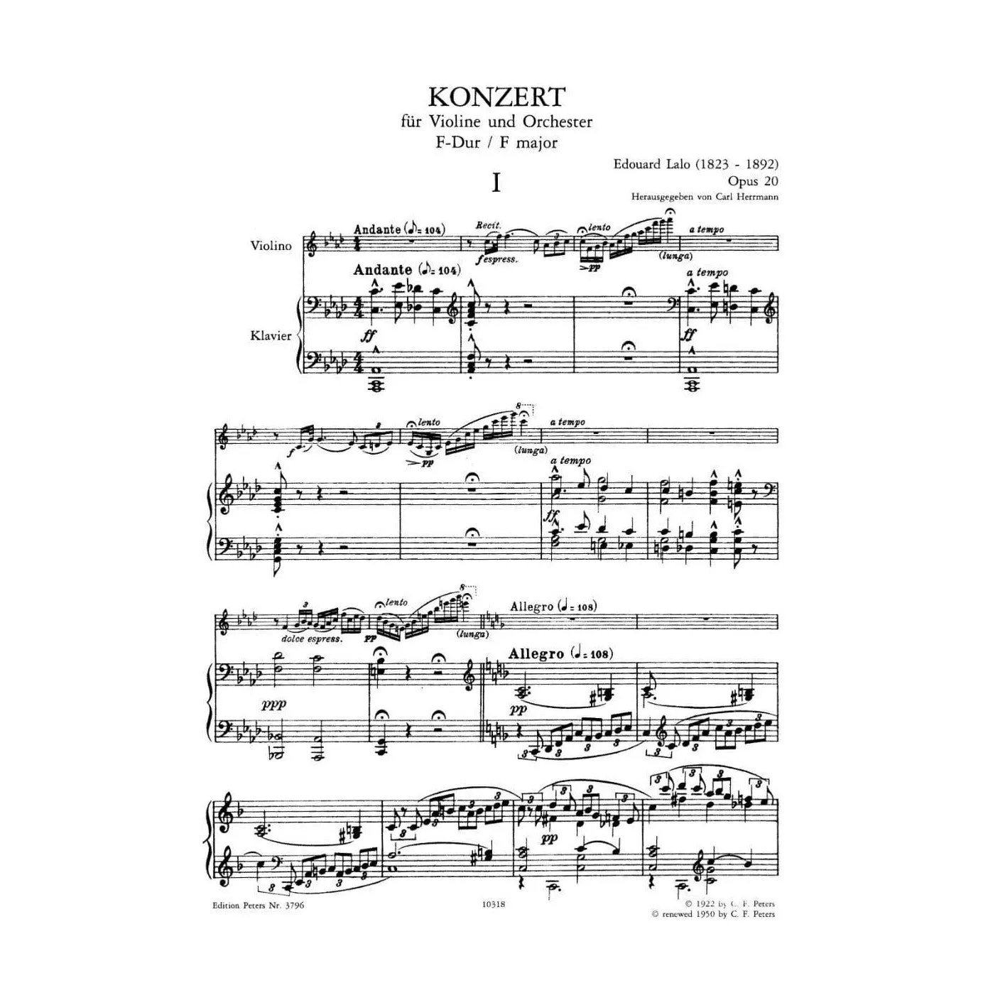 Peters Lalo Konzert F-Dur Op 20 Violinennoten Violine Klavier