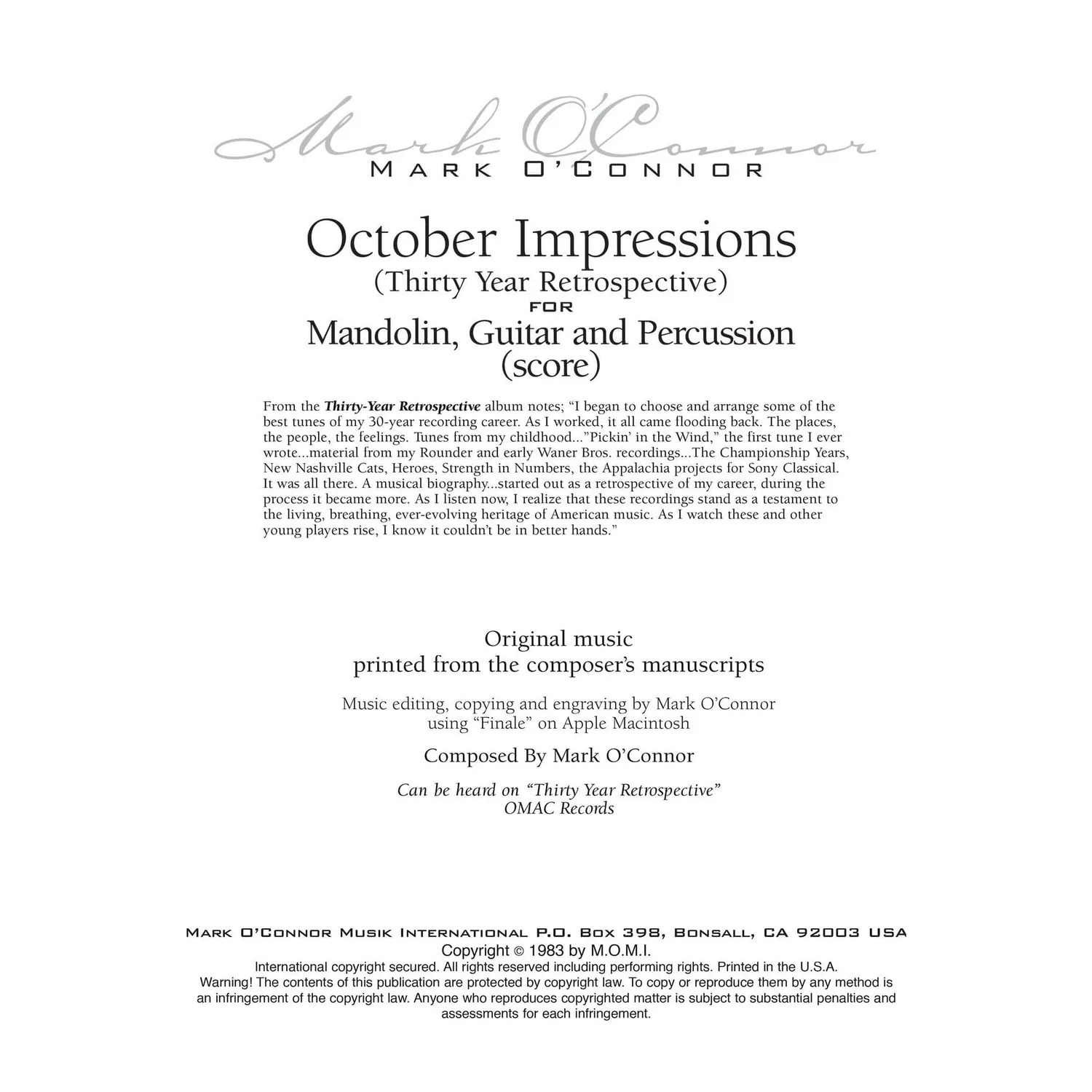 Shar Music Mark OConnor October Impressions Noten Download