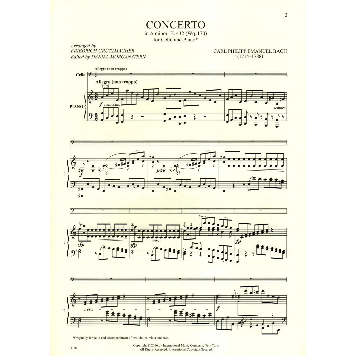 Shar Music Bach H 432 Cellokonzert Noten Cello Klavier
