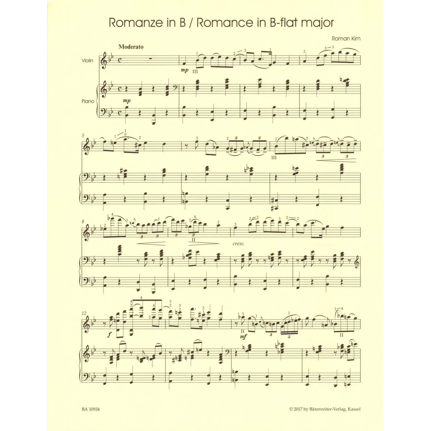 Bärenreiter Kim Three Romances Noten Violine Klavier advanced
