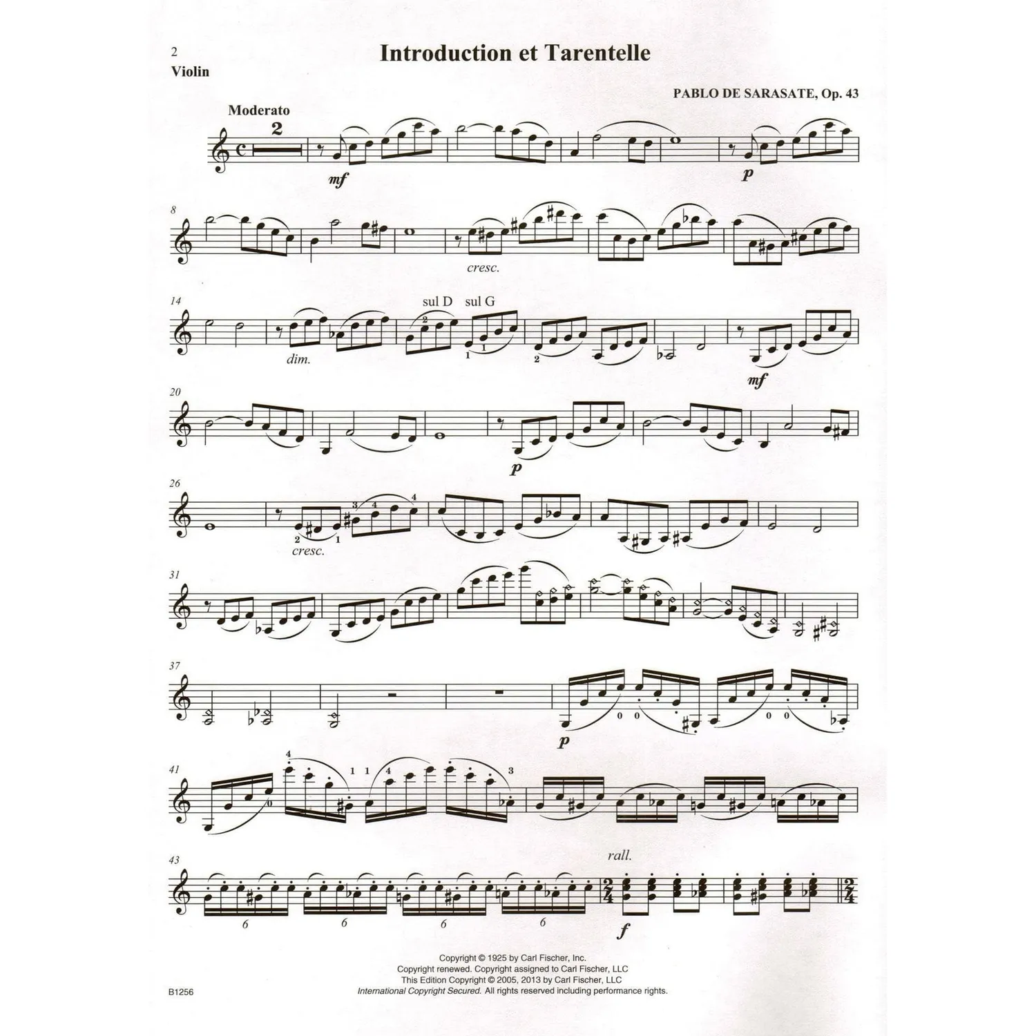 Carl Fischer Sarasate Introduction Tarantella Op 43 Violinenoten
