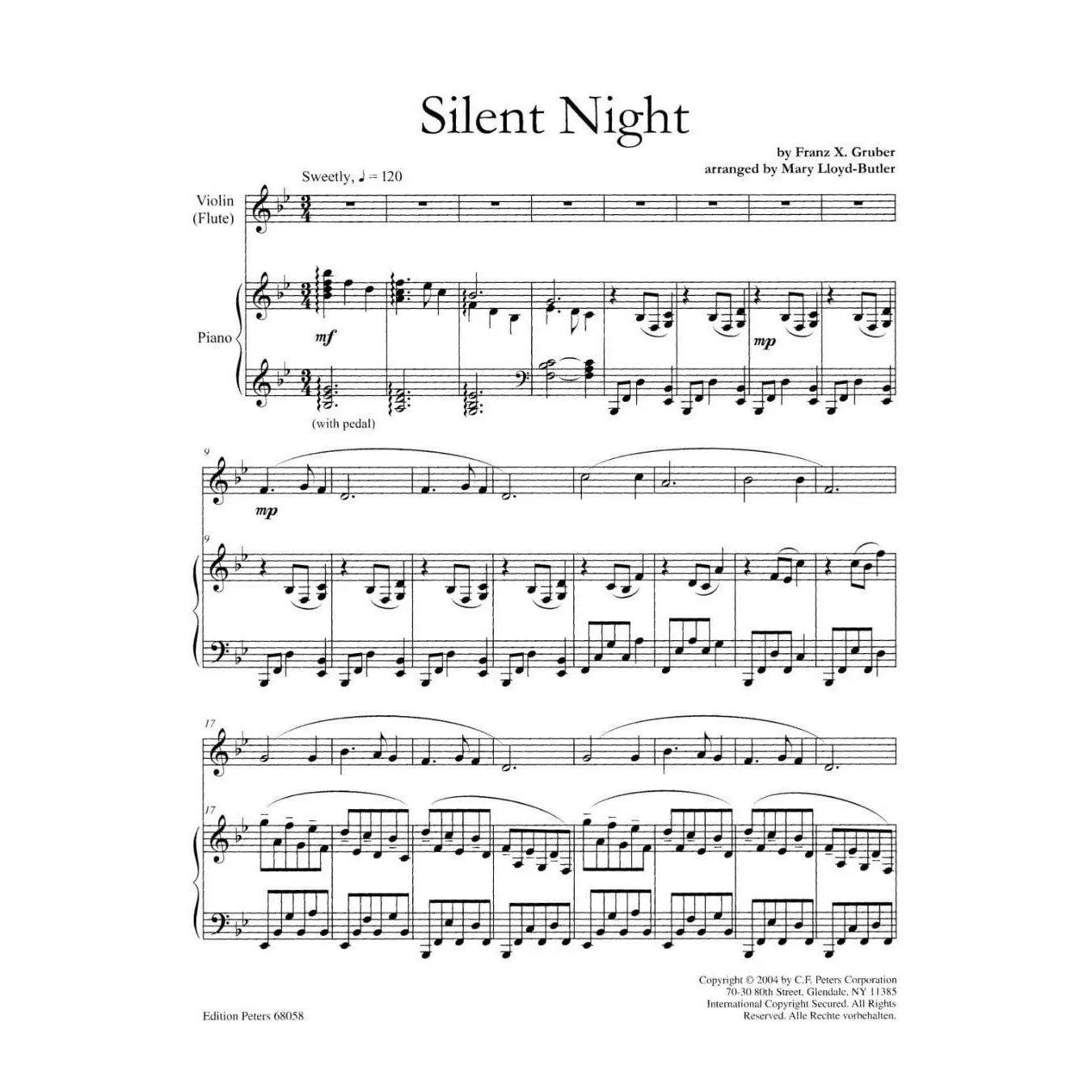 Butler Silent Night Noten Violine Klavier Peters leicht