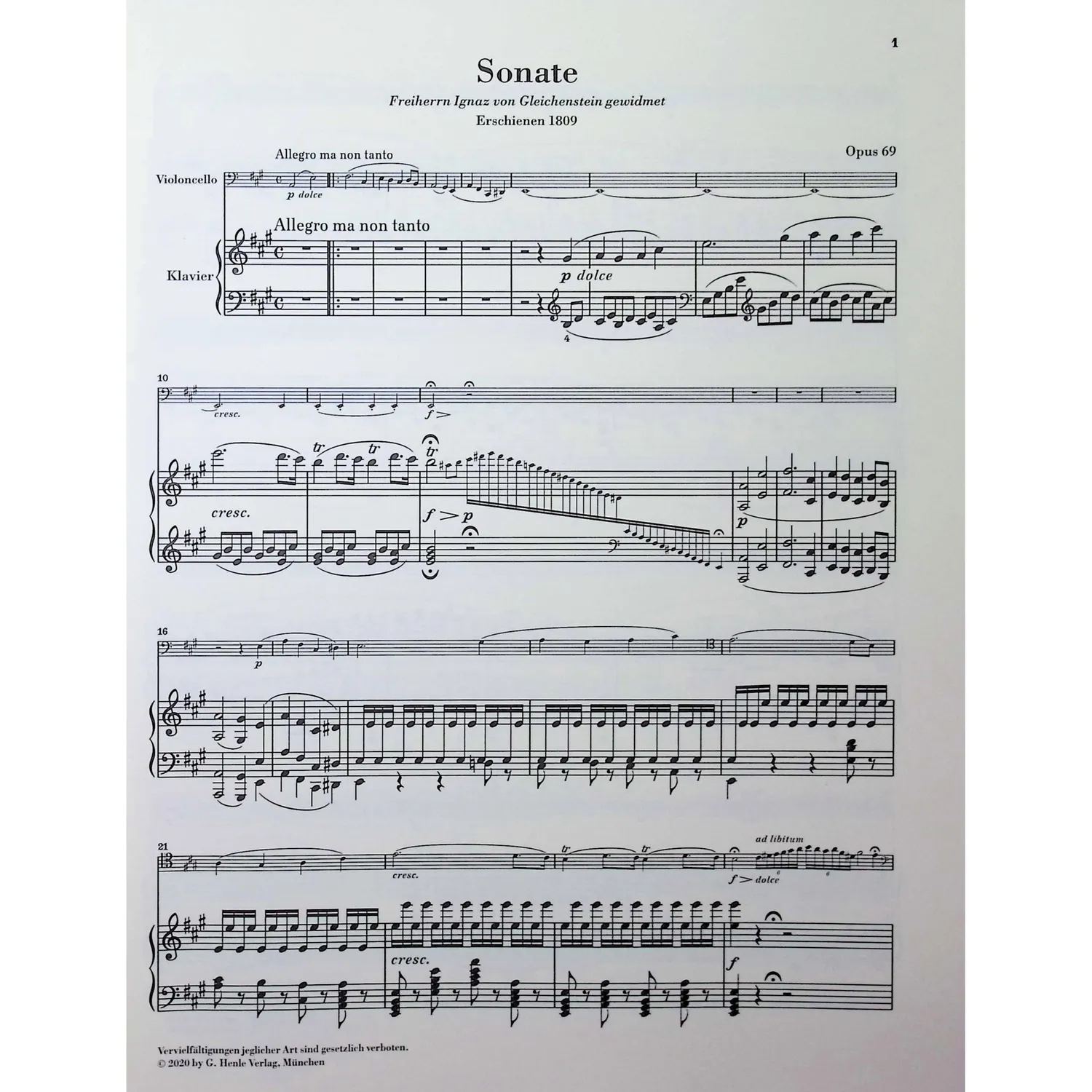Henle Beethoven Sonate A-Dur op. 69 Cello Klavier