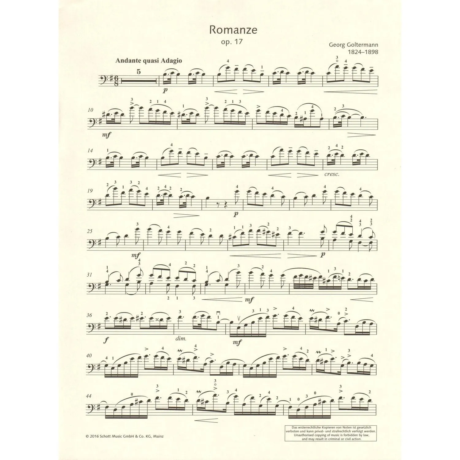 Schott Goltermann Romanze Op. 17 Cello Klavier Noten