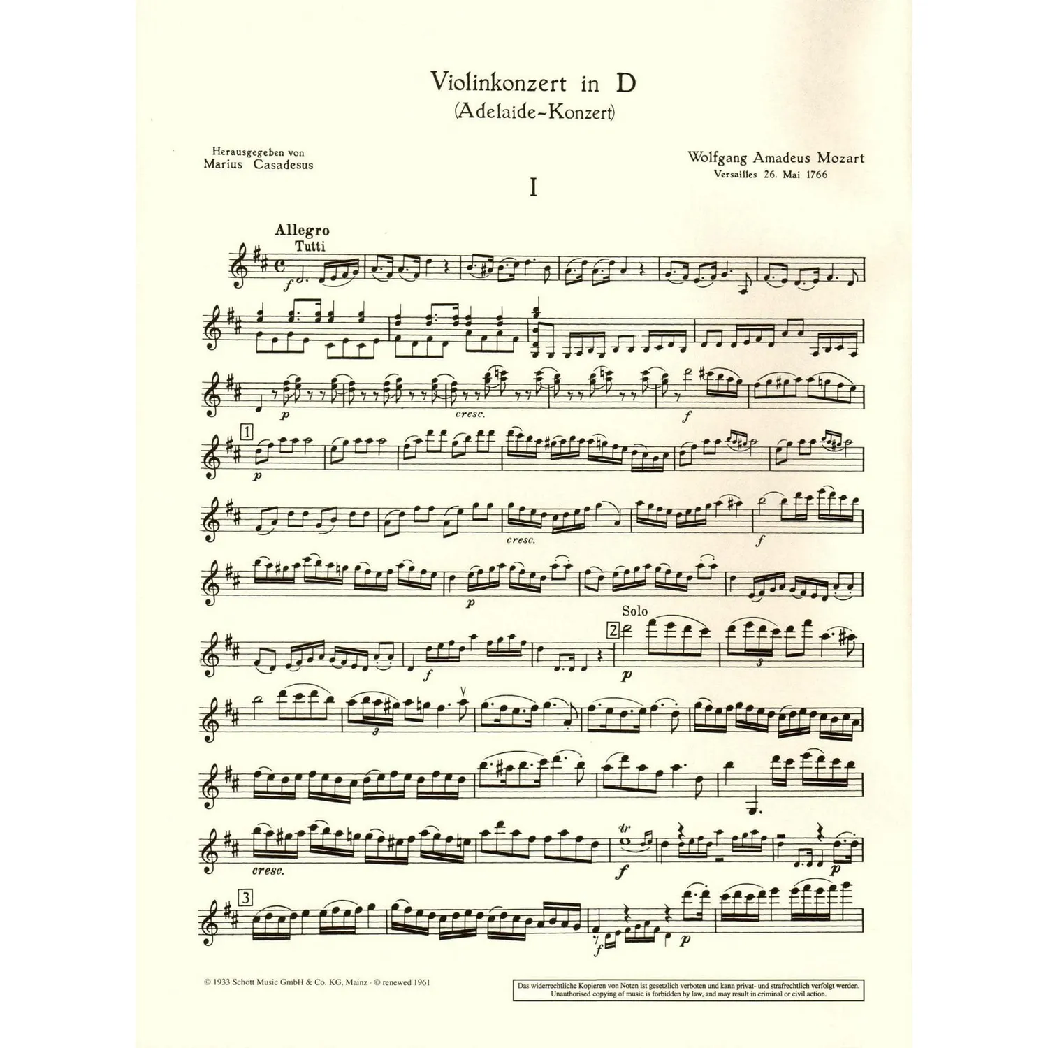 Schott Mozart Konzert D-Dur K 294a Adelaide Noten Violine Klavier
