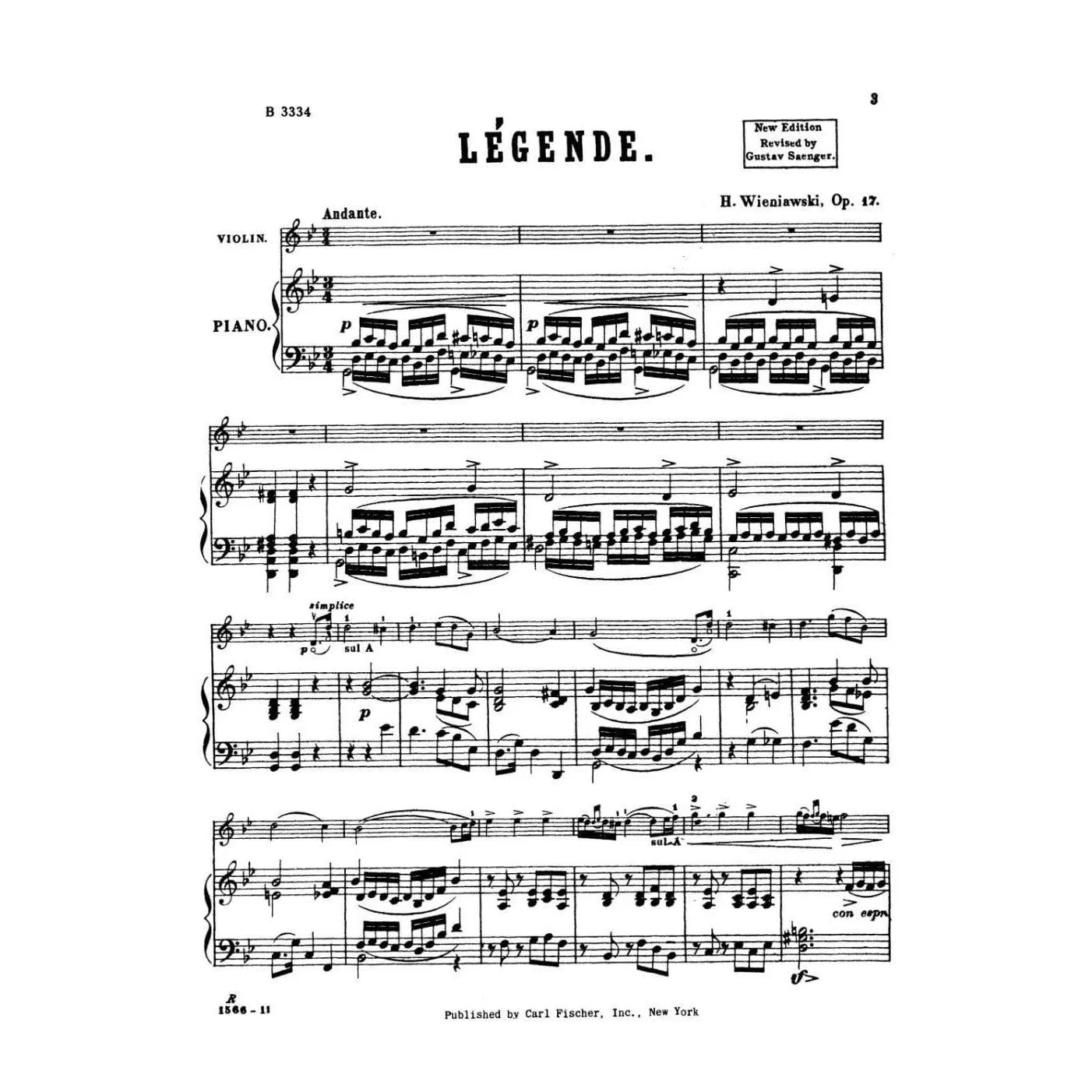 Wieniawski Legende op.17 Violine Klavier Noten