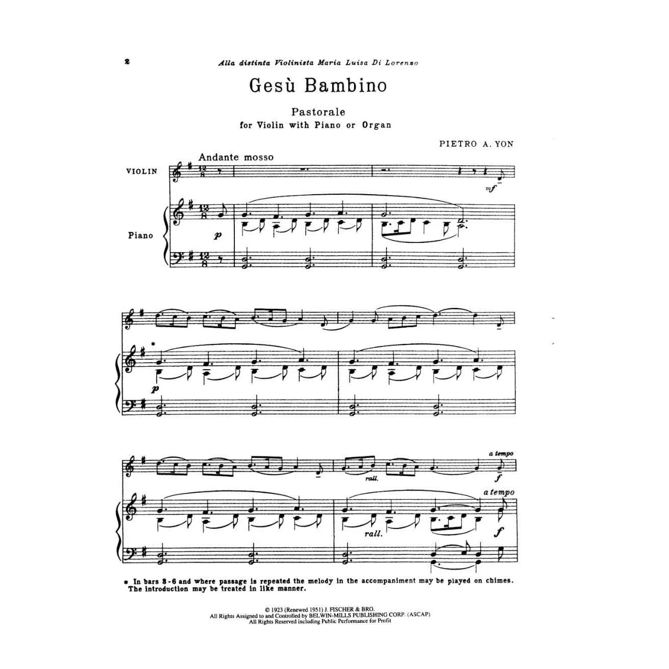 Pietro Yon Gesu Bambino Violine Noten Klavier Weihnachten