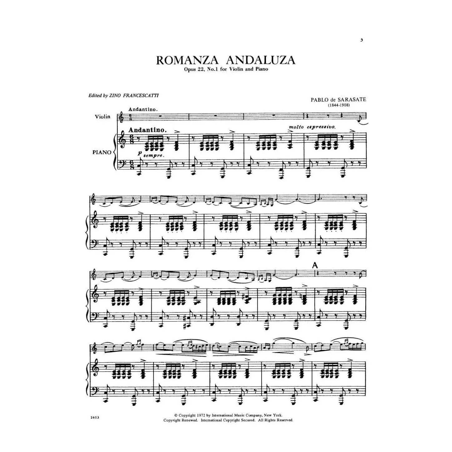 Shar Music Sarasate Romanza Andaluza Op.22 Nr.1 Noten Violine