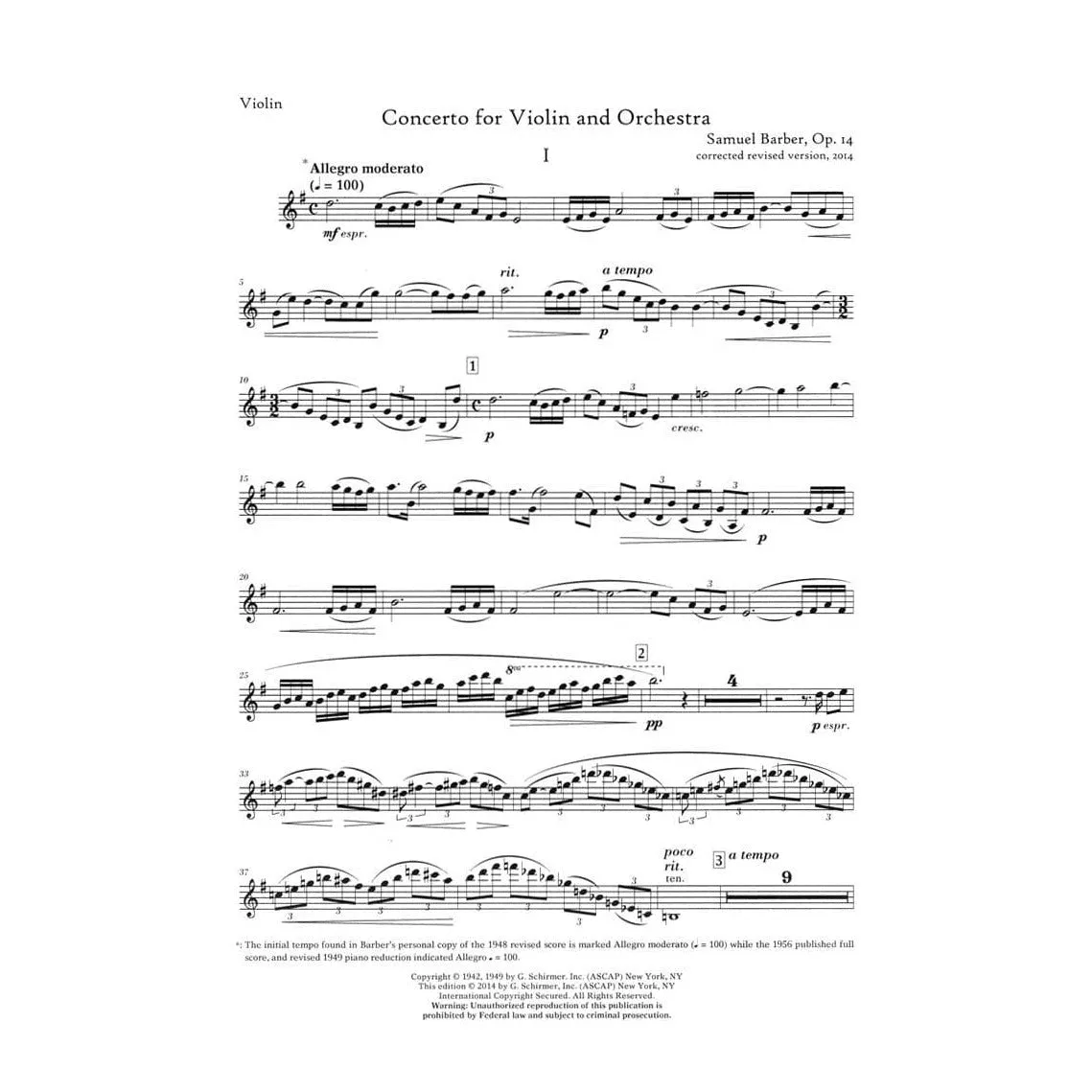 Schirmer Barber op. 14 Violinkonzert Noten Klavier