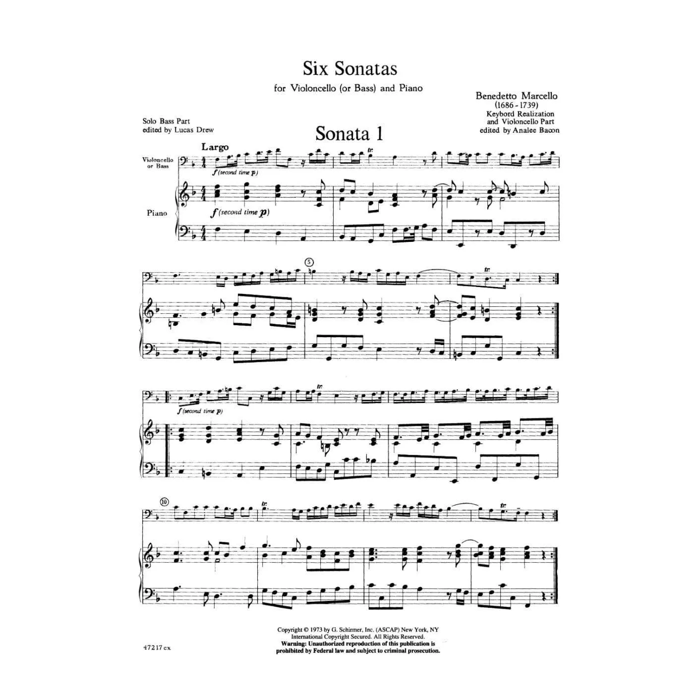 Benedetto Marcello Six Sonatas Op.1 Noten Cello Klavier
