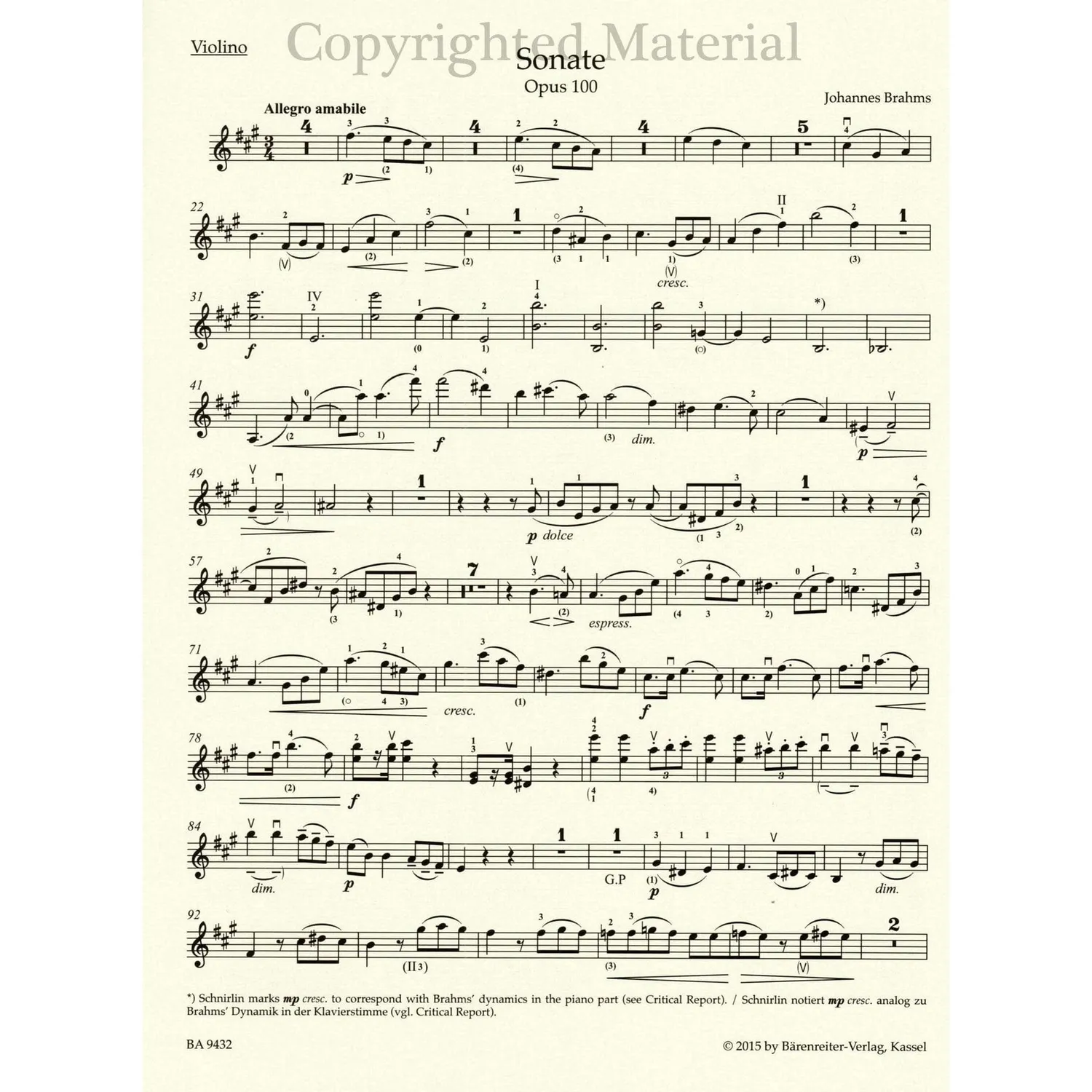 Bärenreiter Brahms Sonate A-Dur op. 100 Noten Violine Urtext