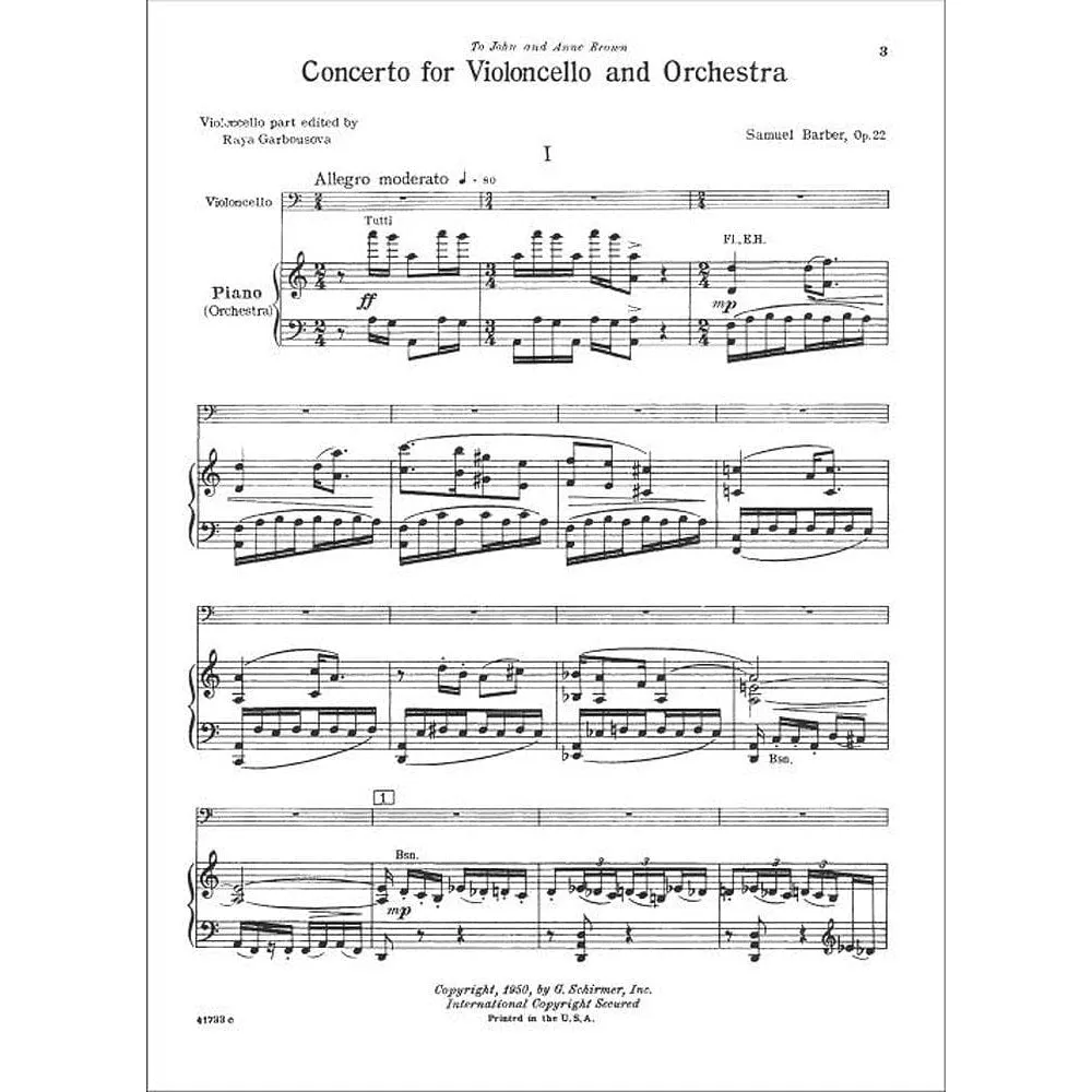 Schirmer Barber Concerto op. 22 Cellonoten Klavierauszug